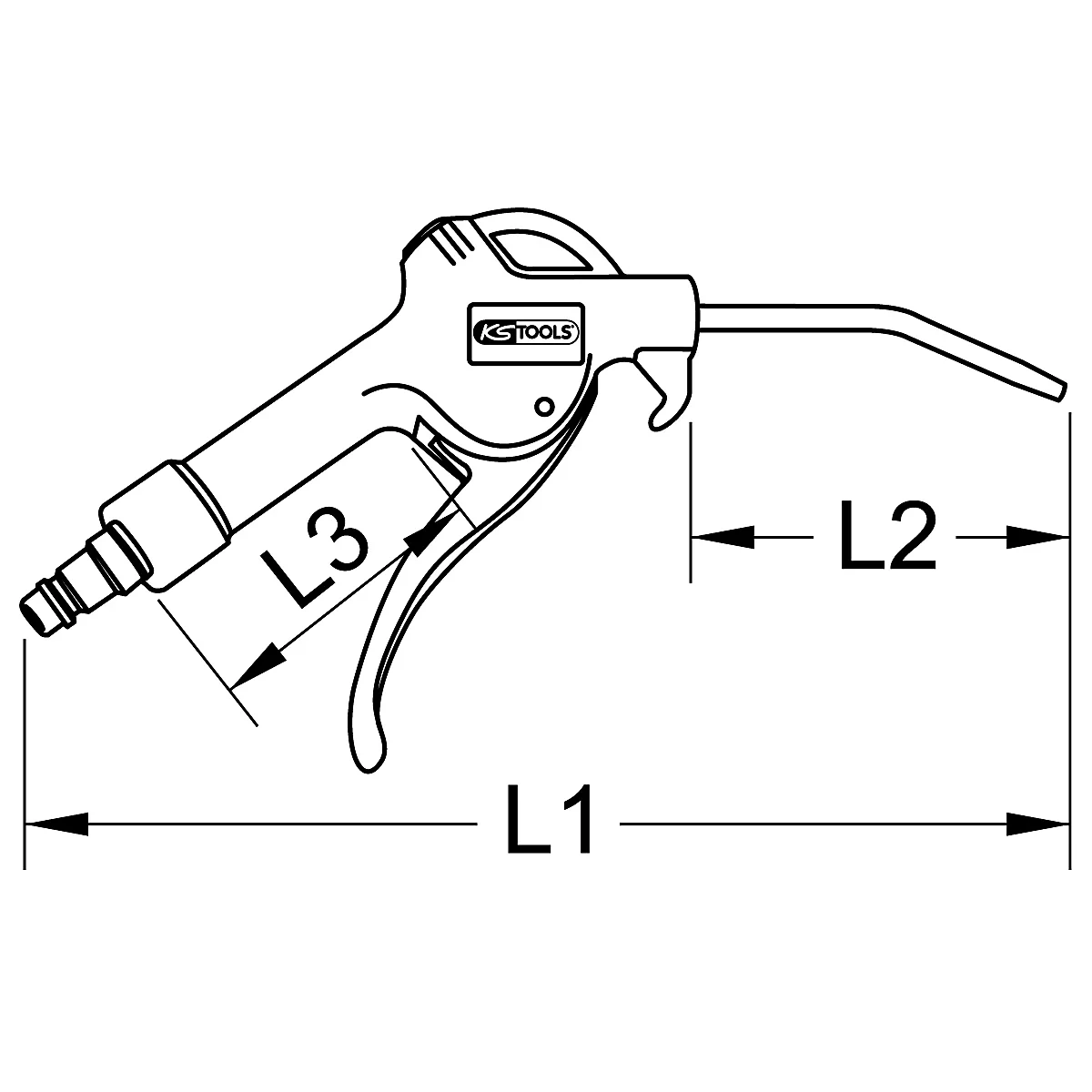 Schwarz-weiß Abbildung eines Druckluftbläsers mit Maßangaben (L1, L2, L3).