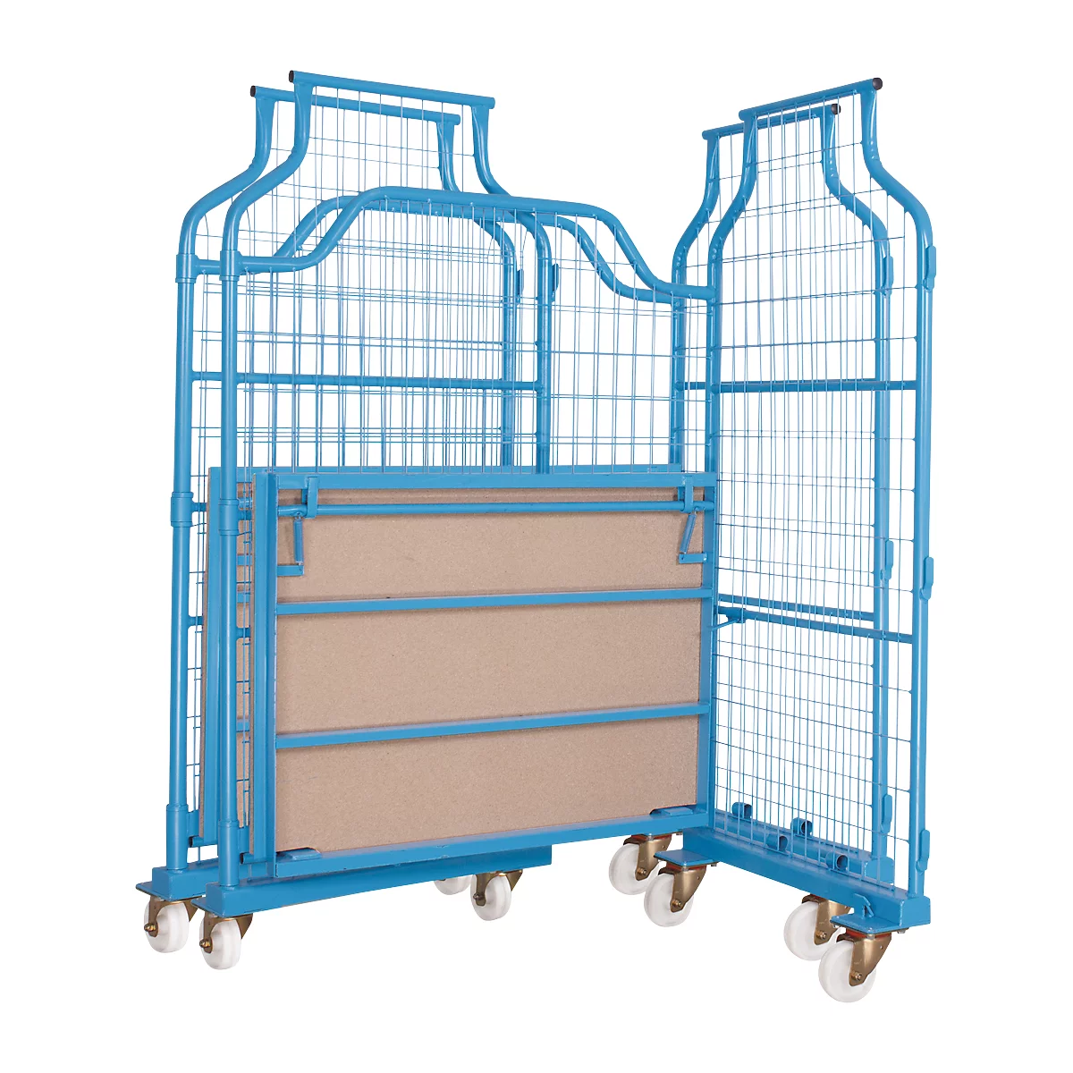 Blue roll container with metal grid and brown panel. On white castors.