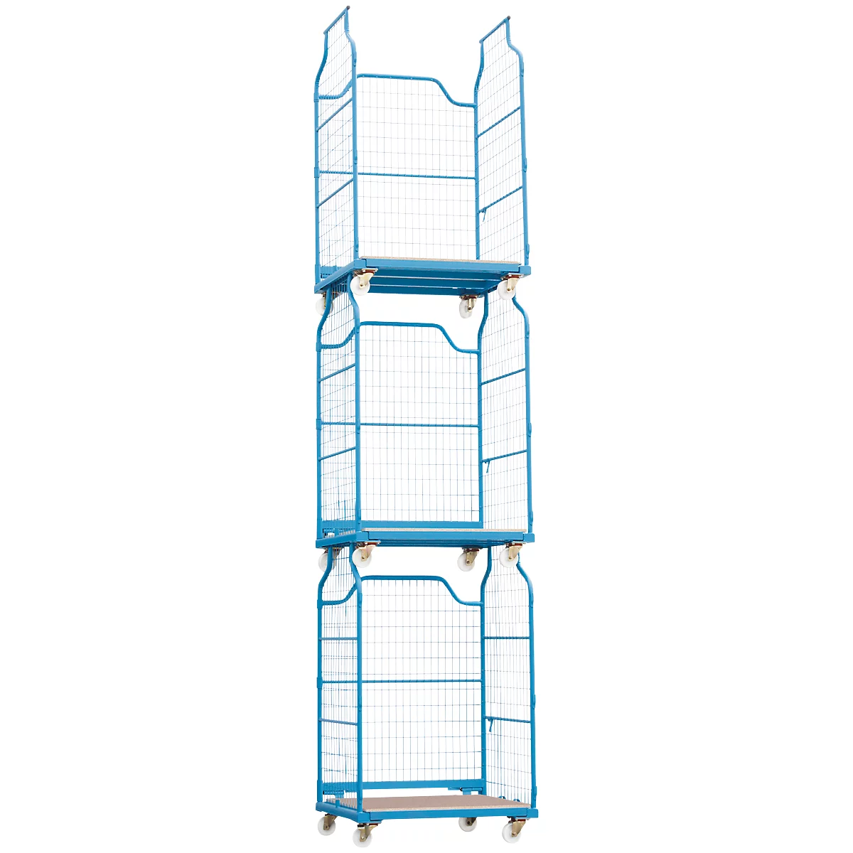 Blue rolling cart with three levels. Each level has a mesh basket and casters.