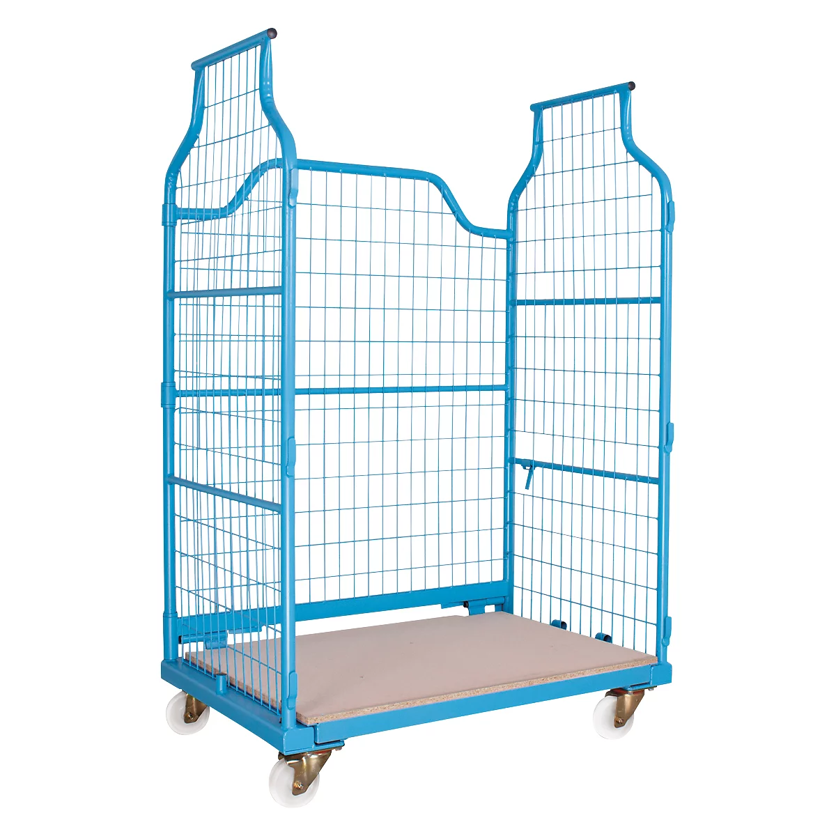 Blue painted roll container with wire mesh and light brown loading area on castors.