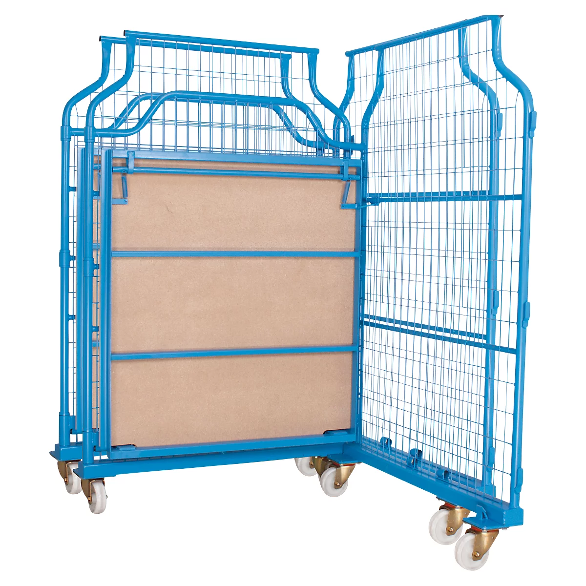 Blue rolling container with grid walls and wheels. The container is open.