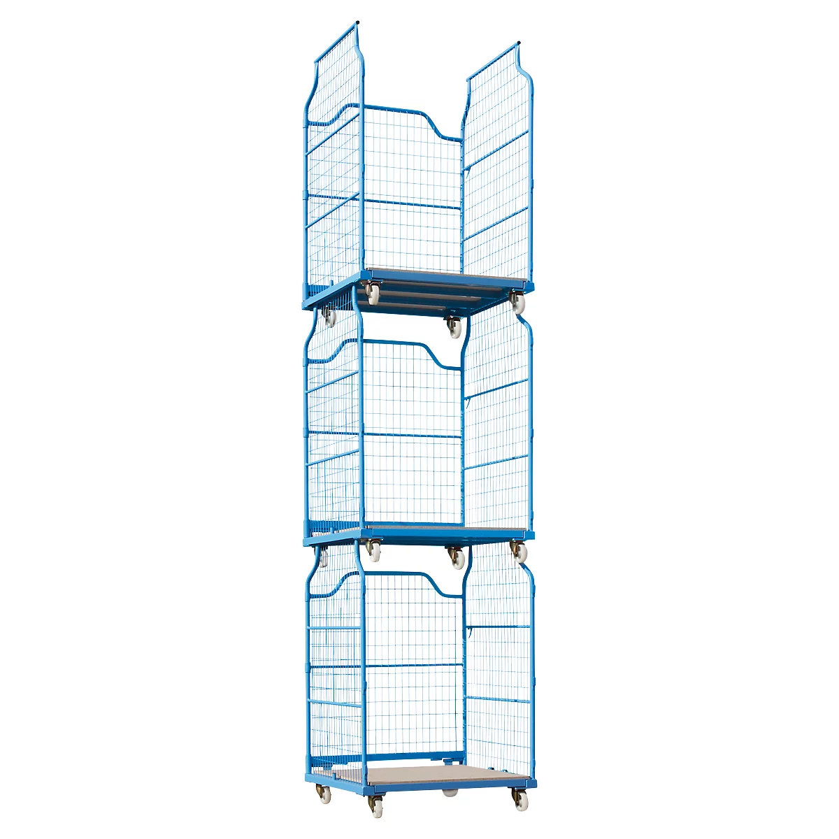 Blue rolling cart with wheels, three levels with grids, empty.