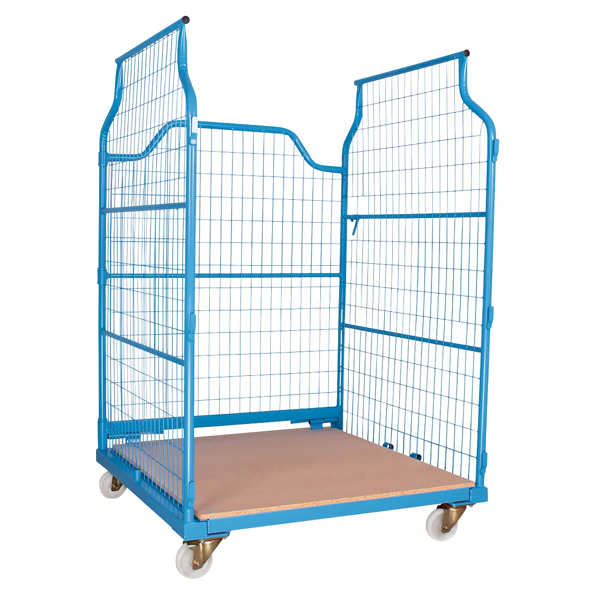 Blue rolling cart with wheels. The loading area is made of wood. The cart has a grid structure.