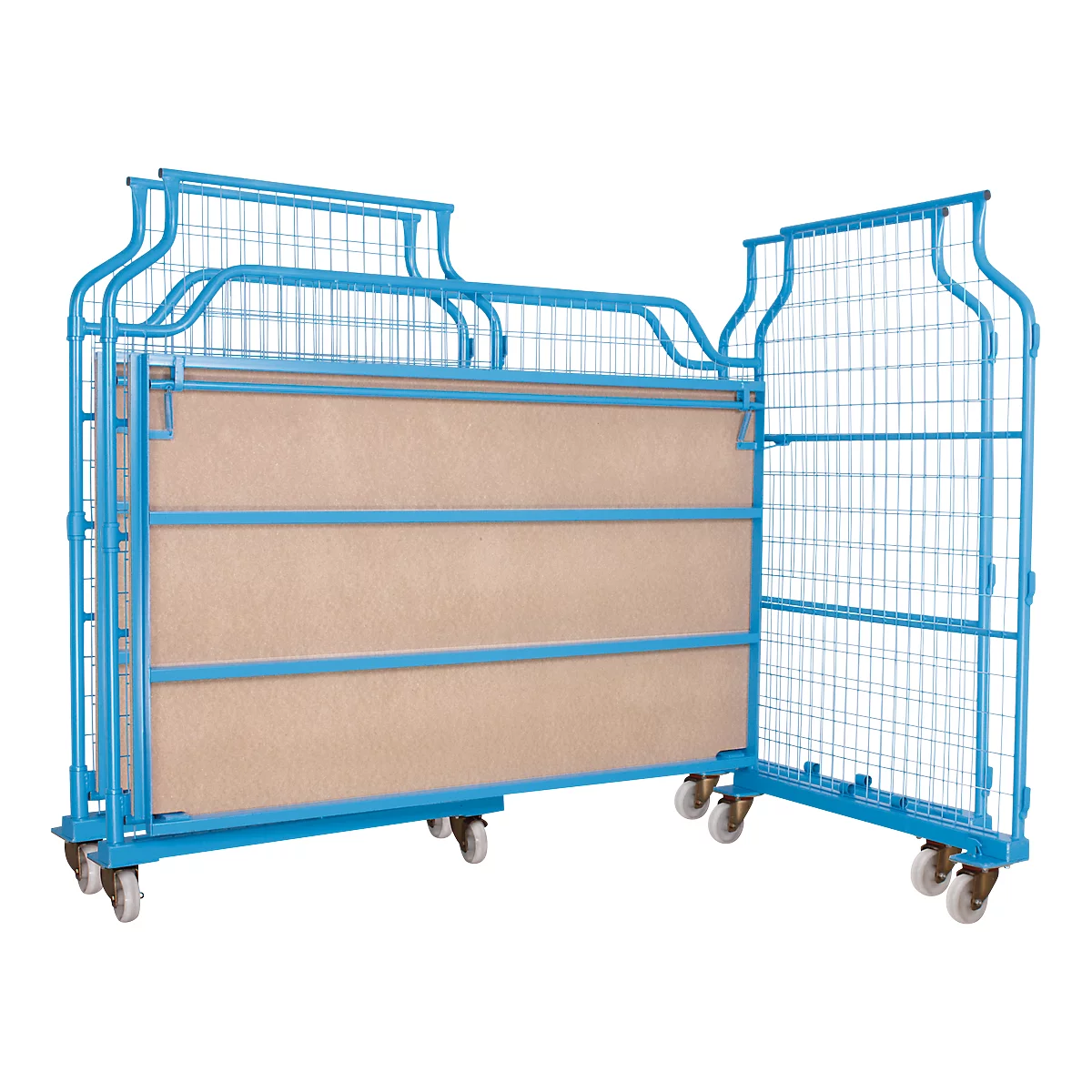 Blue roll container with wire mesh sides and wheels, unfolded in two sections.