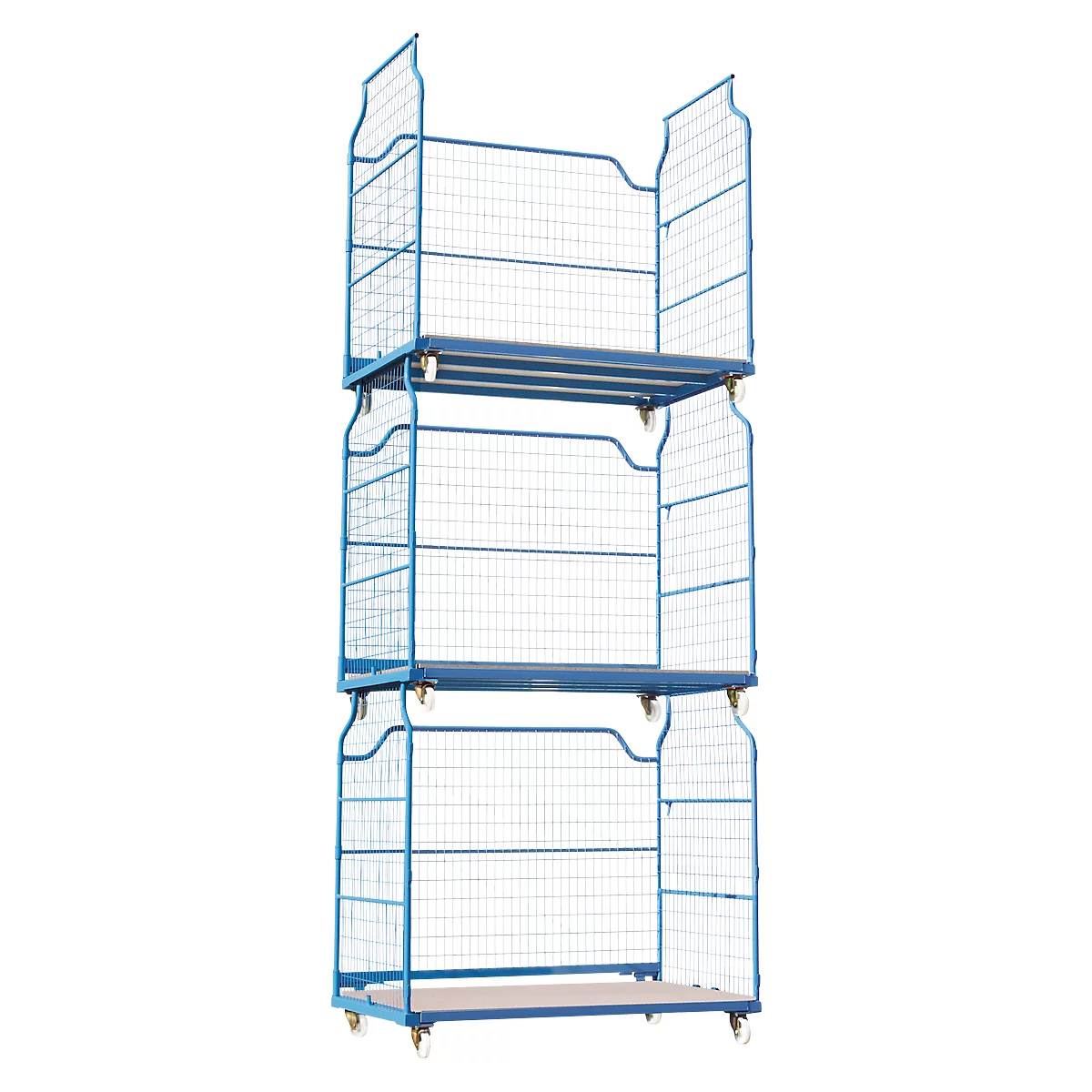 Blue, three-tiered transport cart with wheels and wire mesh sides.
