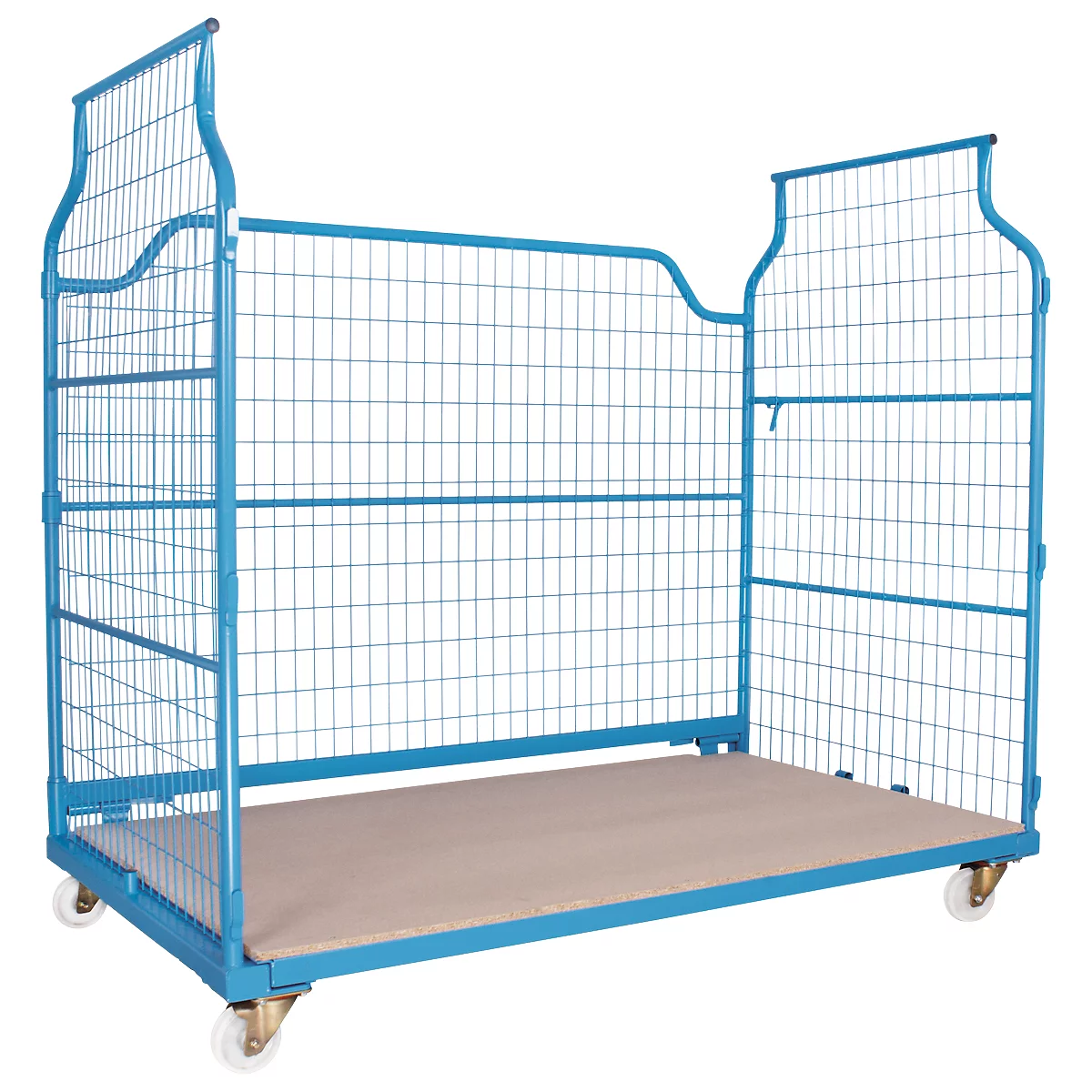 Blue trolley with wire mesh walls and castors. A beige base plate provides a storage surface.
