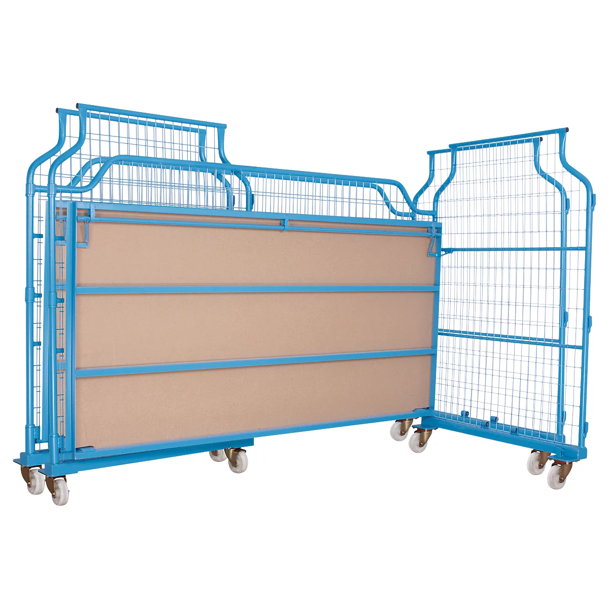 Blue roll container with grids and castors, on brown surface.