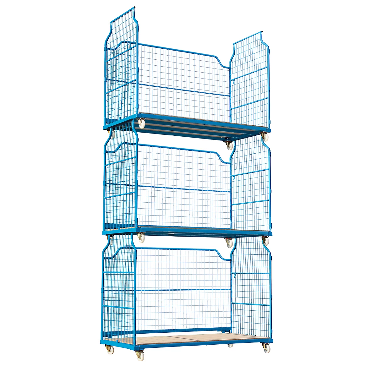 Blue rolling storage rack with three levels and grid walls.