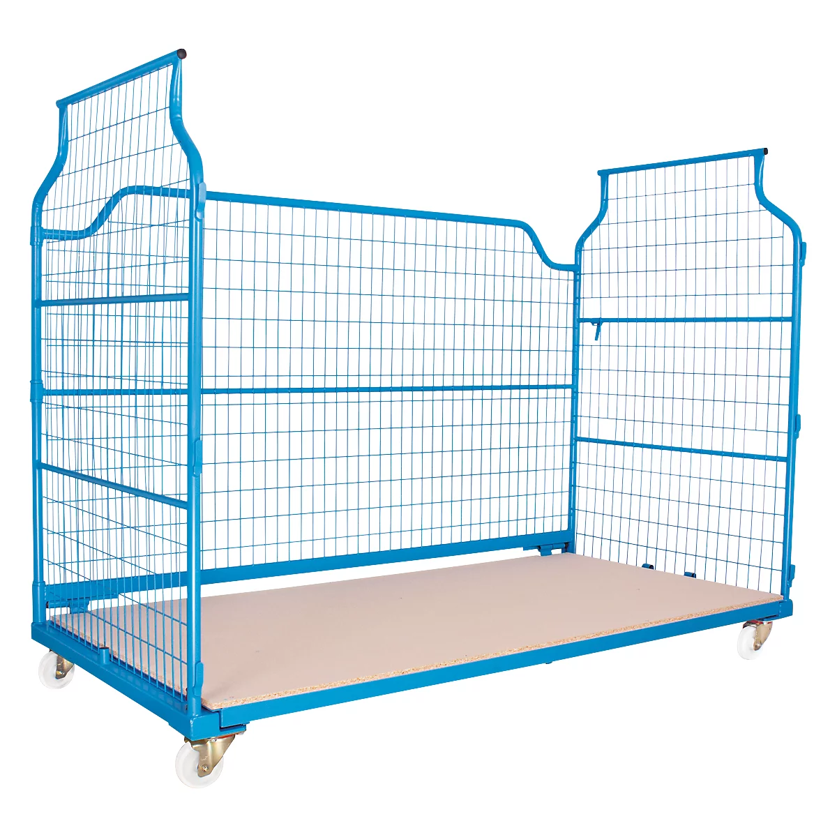 Blue mesh trolley on wheels with beige base, on a white background. The mesh is fine-meshed.