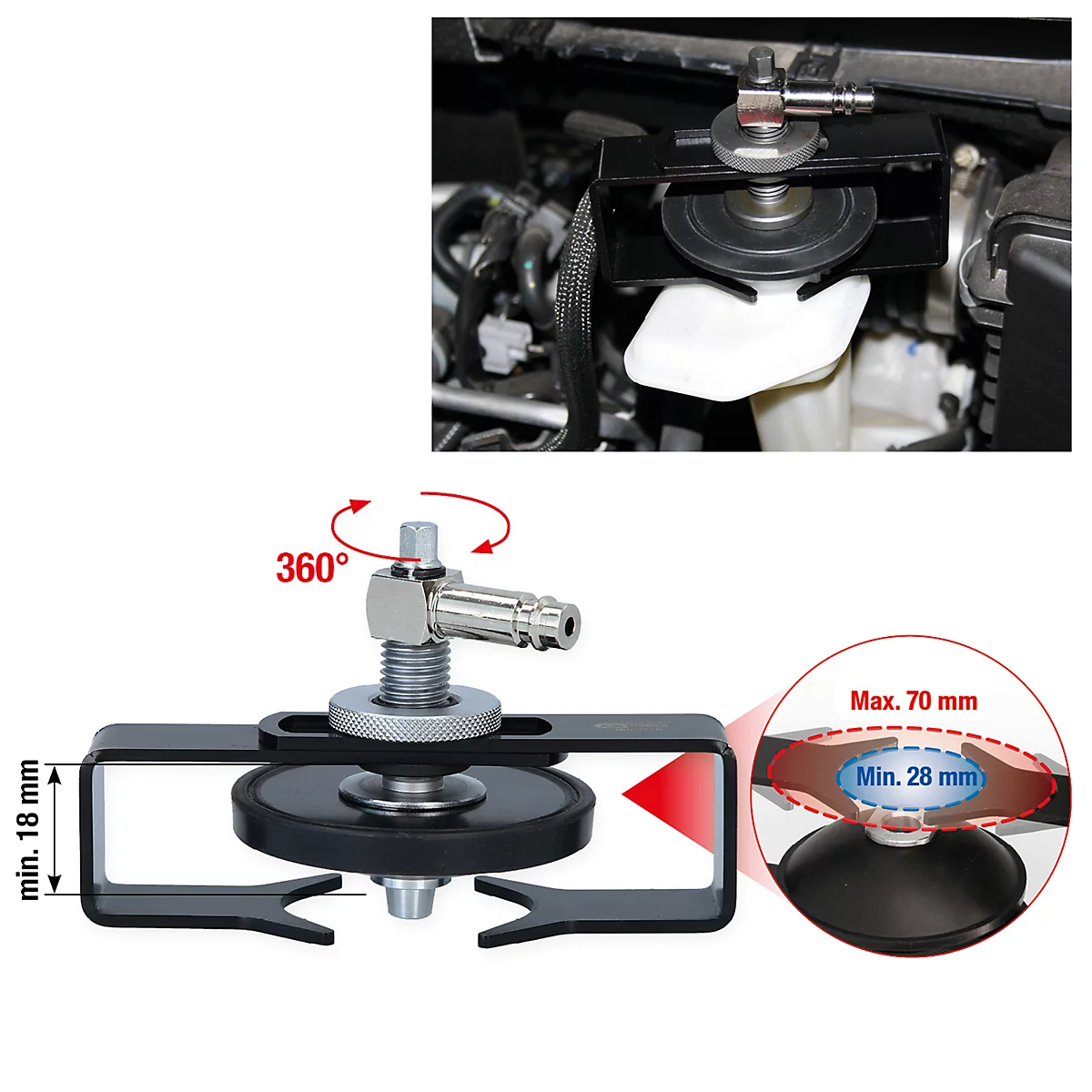 Ein schwarzes Werkzeug zur Bremsenwartung. Oben im Bild ein Detail im Motorraum. Maße: min. 18 mm, max. 70 mm, min. 28 mm.