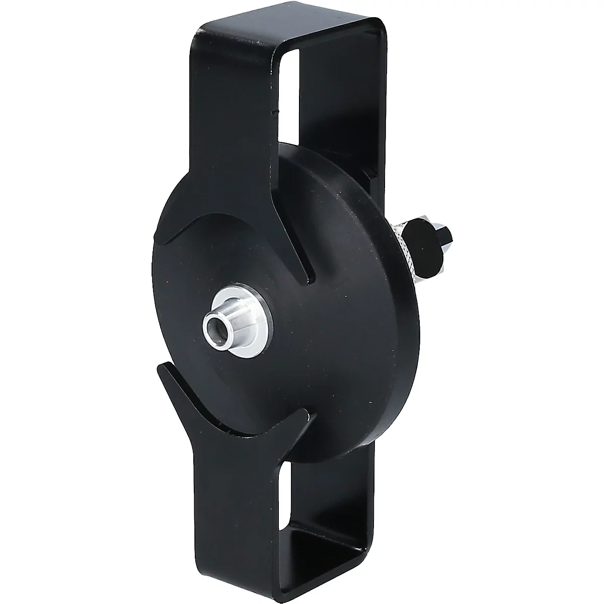 Schwarzes Metallteil mit rundem Rad und Schraube. Das Rad ist in einem Halter befestigt.