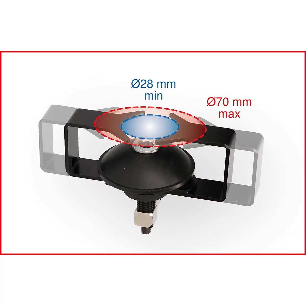 Schwarzer Saugnapf mit Halterung, Größenangaben Ø28 mm min und Ø70 mm max.