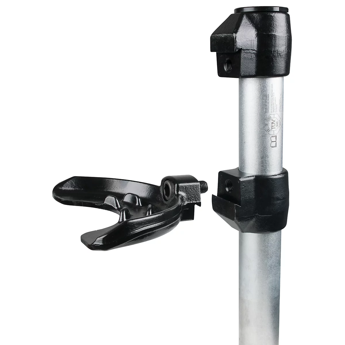 Detailaufnahme eines schwarzen Montageständers. Eine Gabel ist neben einer silbernen Säule mit schwarzen Halterungen angeordnet.