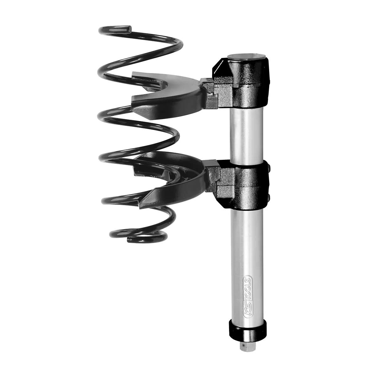 Schwarzer Lockenwickler-Halter, montiert auf einer silbernen Stange. Der Halter hat eine Spulenform.