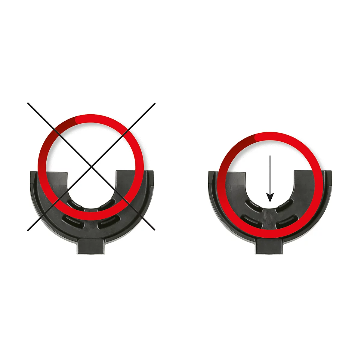 Zwei schwarz-rote Symbole: Links roter Kreis mit Kreuz, rechts roter Kreis mit Pfeil nach unten.