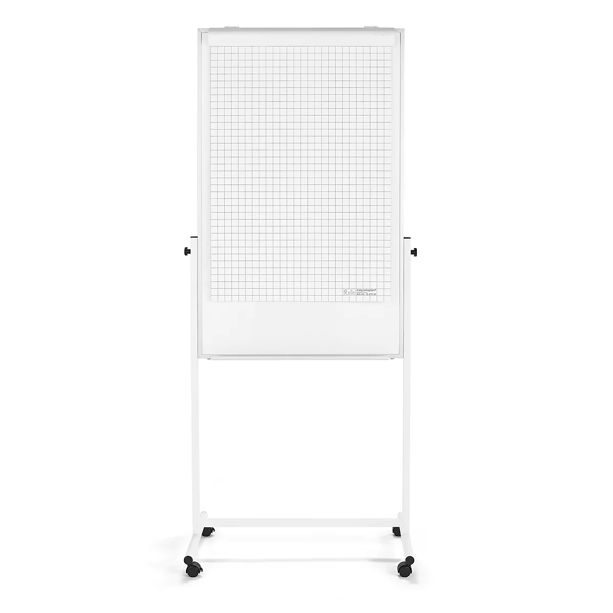 White flipchart on wheels. The grid on the writing surface and frame are clearly visible.