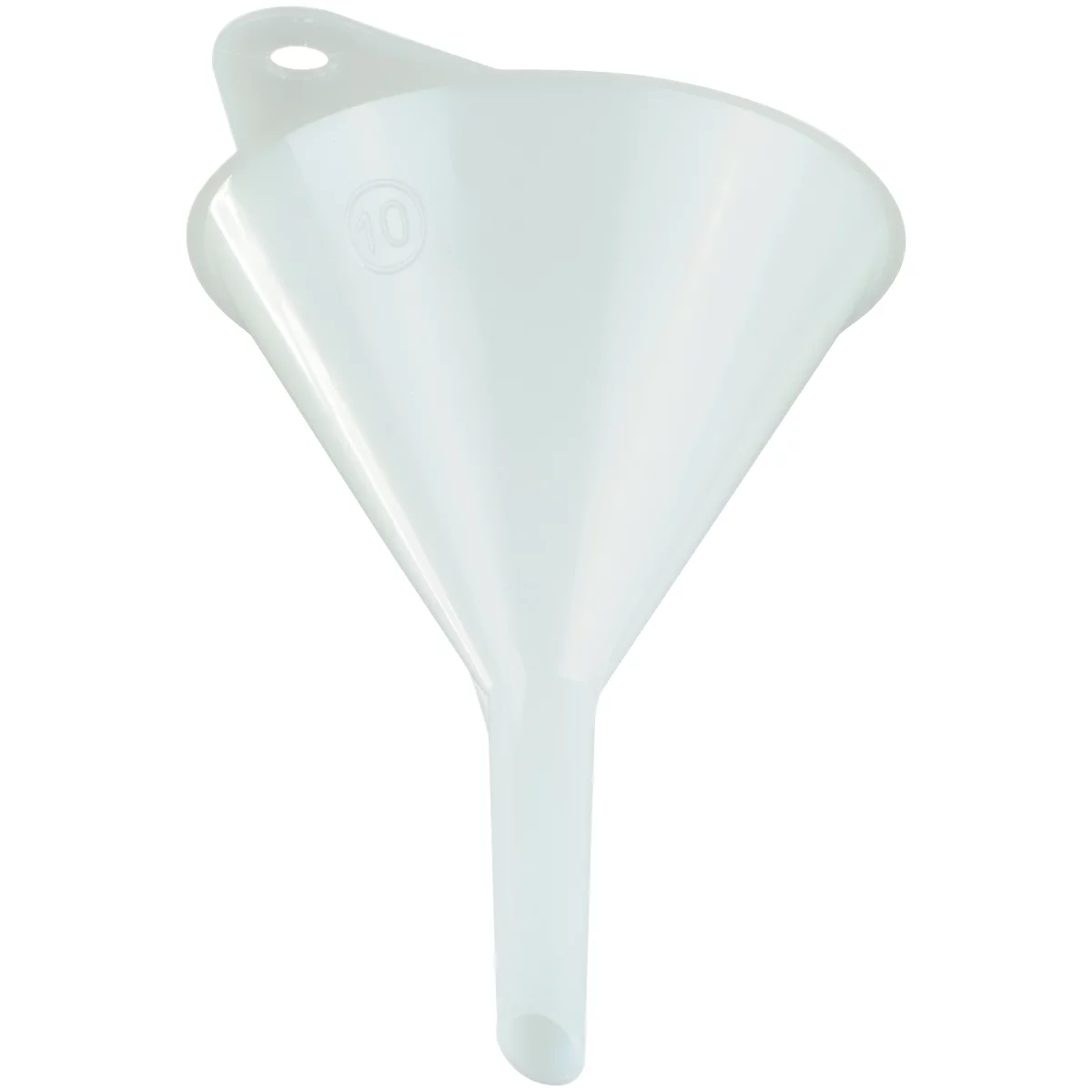 White plastic funnel, with handle and rounded opening.
