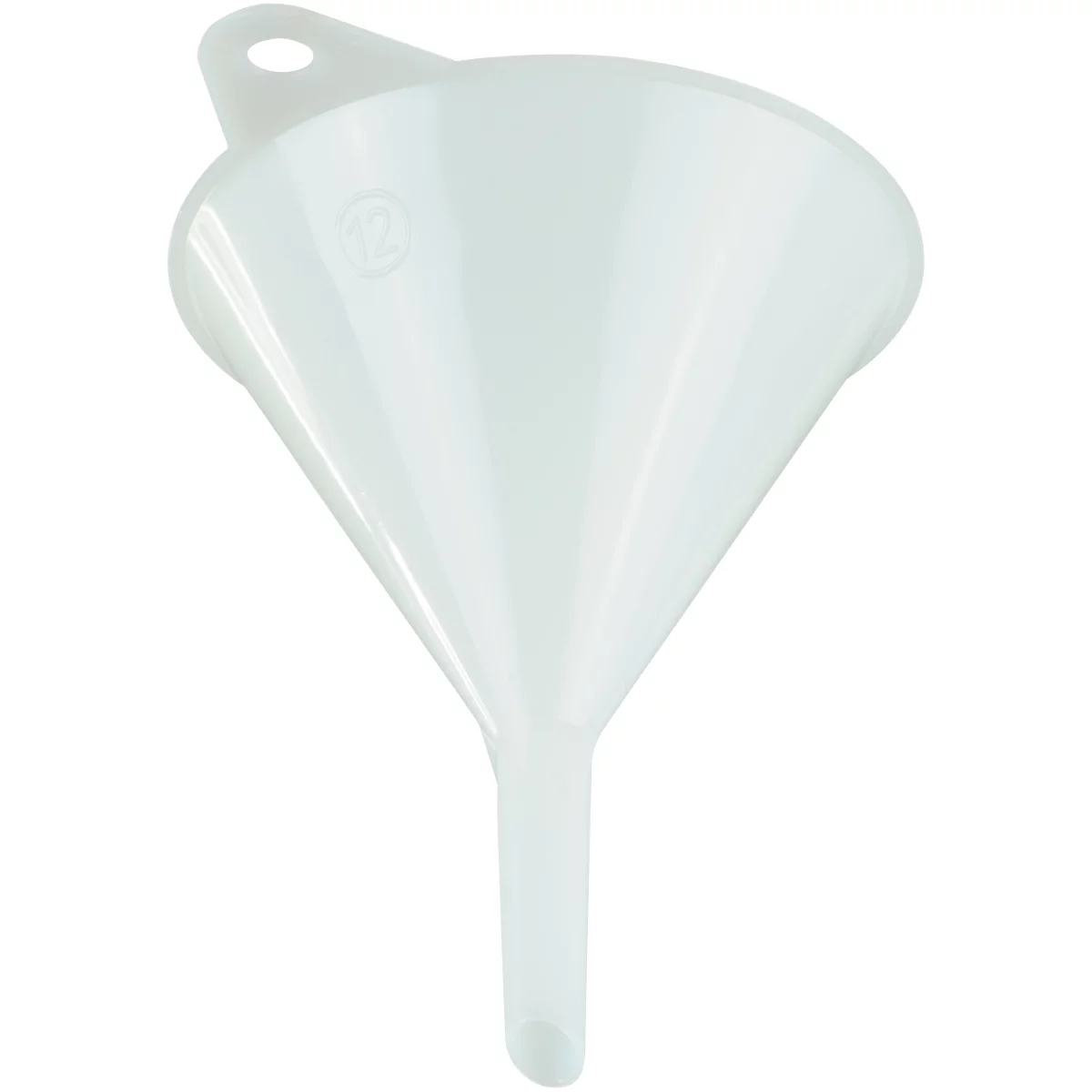White funnel with handle. The vessel has a wide opening, a conical body, and a narrow spout.