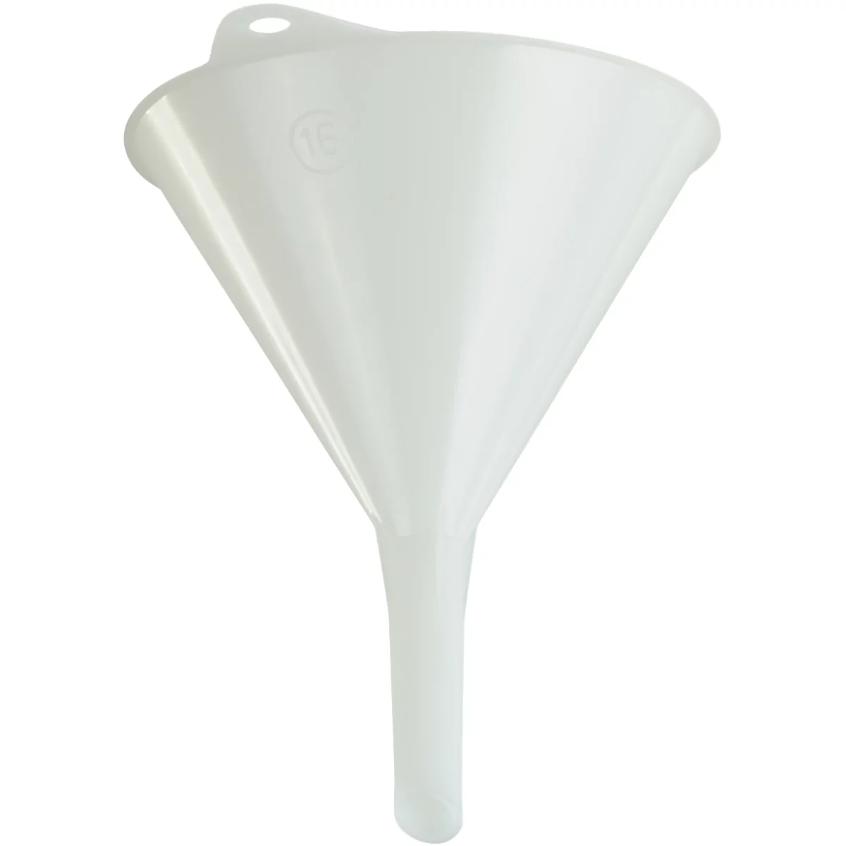 White funnel with hole and embossing.