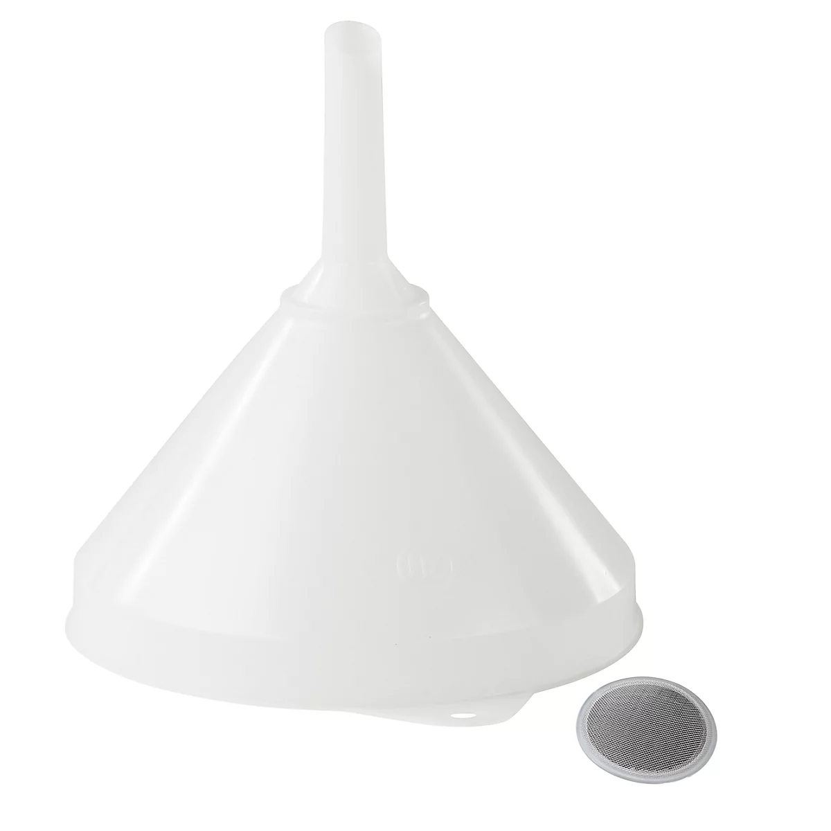 White funnel with a small sieve next to it.