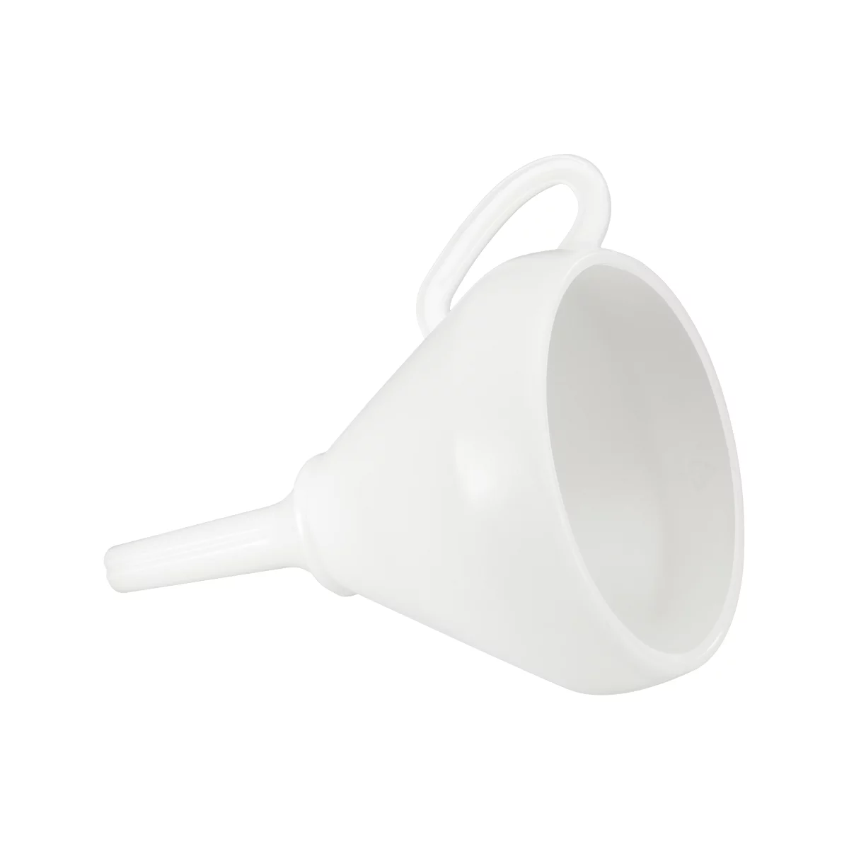White funnel, with handle, against a white background.