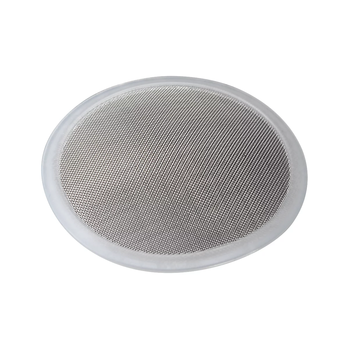 Round metal sieve with white frame. It has a close-meshed pattern.