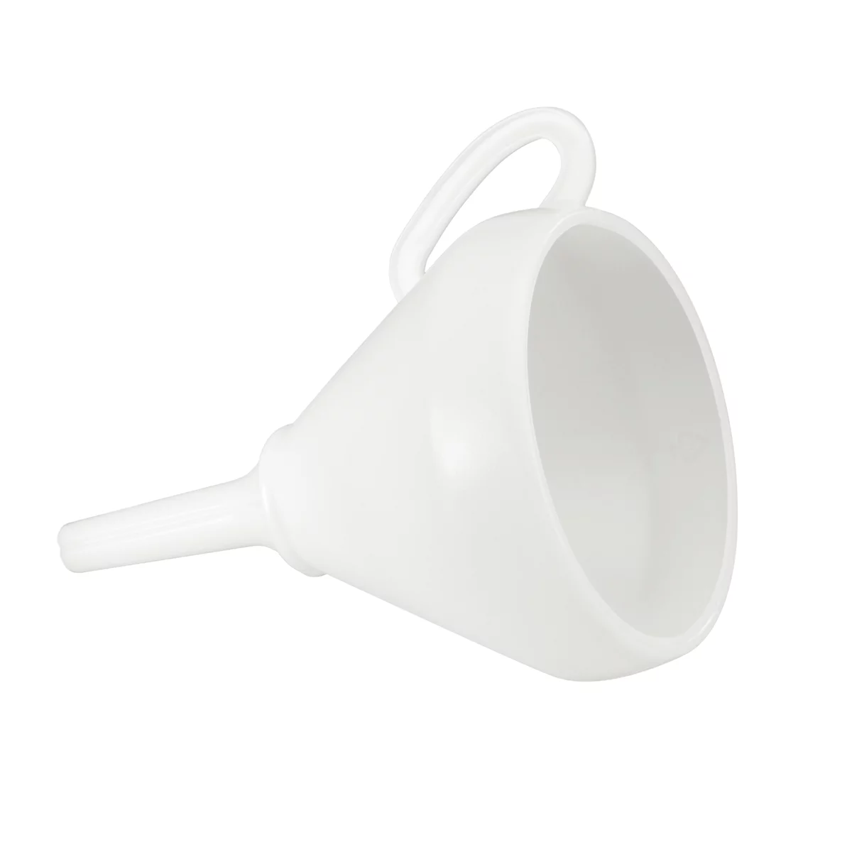 White funnel with handle on a white background. Conical shape, narrow spout.