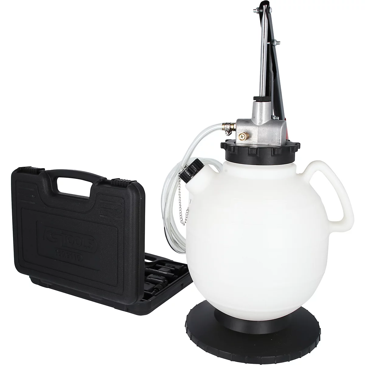 Weiße Ölwechselpumpe mit schwarzem Werkzeugkoffer.