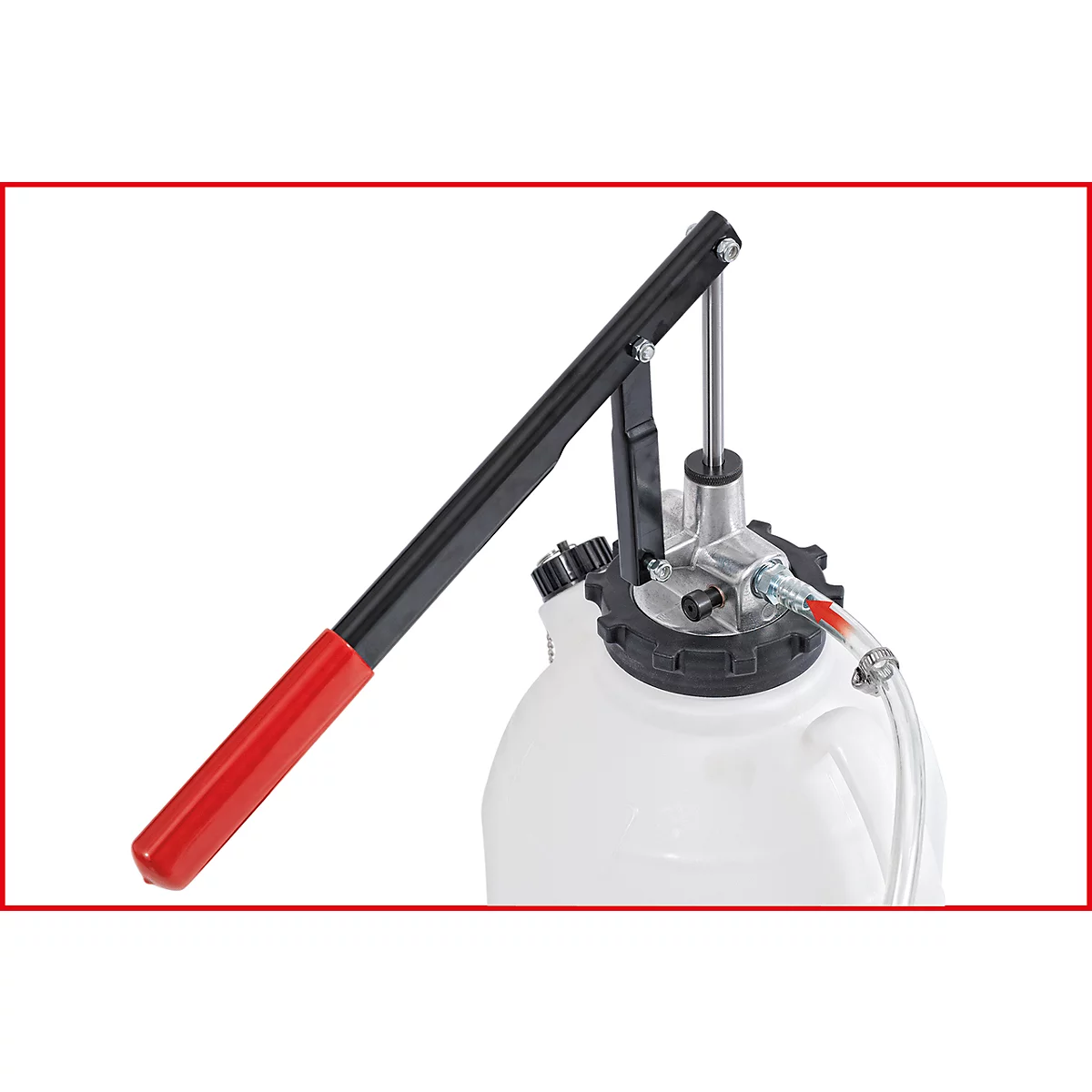 Ölabsaugpumpe, weißer Behälter, schwarzer Pumphebel mit rotem Griff, roter Schlauch.