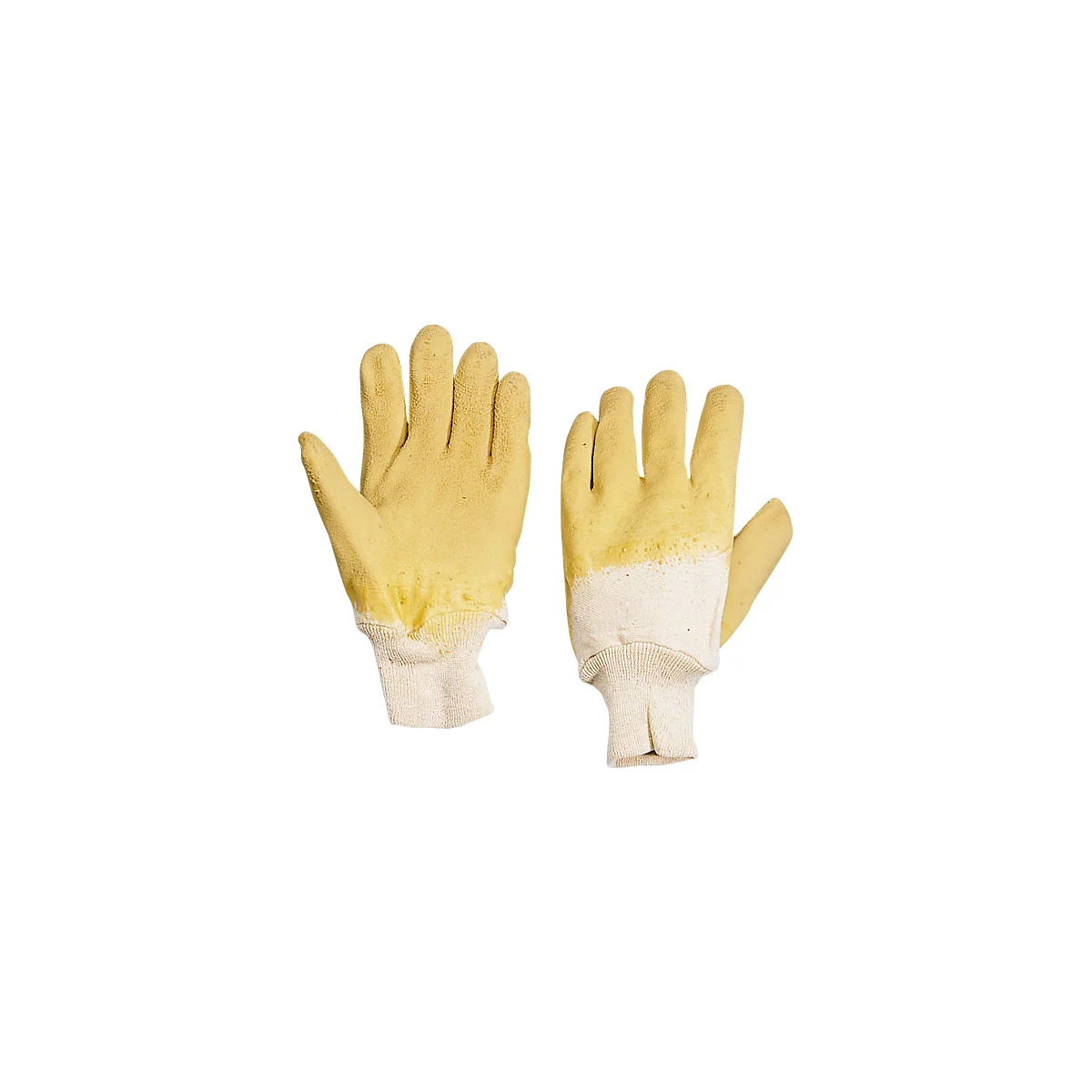 Two yellow work gloves lying next to each other. The palms are yellow, the cuffs are white.