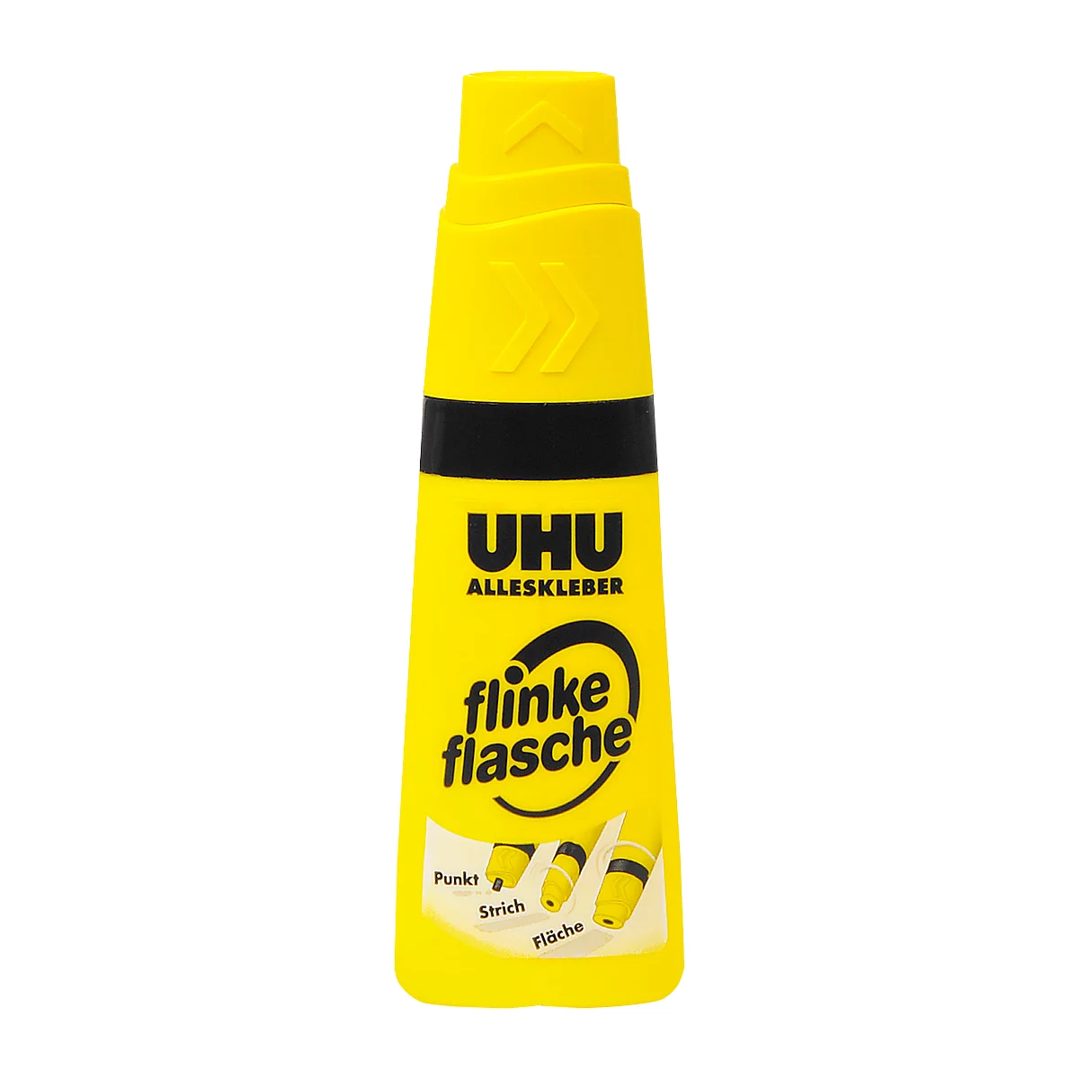 Yellow UHU all-purpose glue bottle with black lettering and illustration. Bottle with three glue application types.