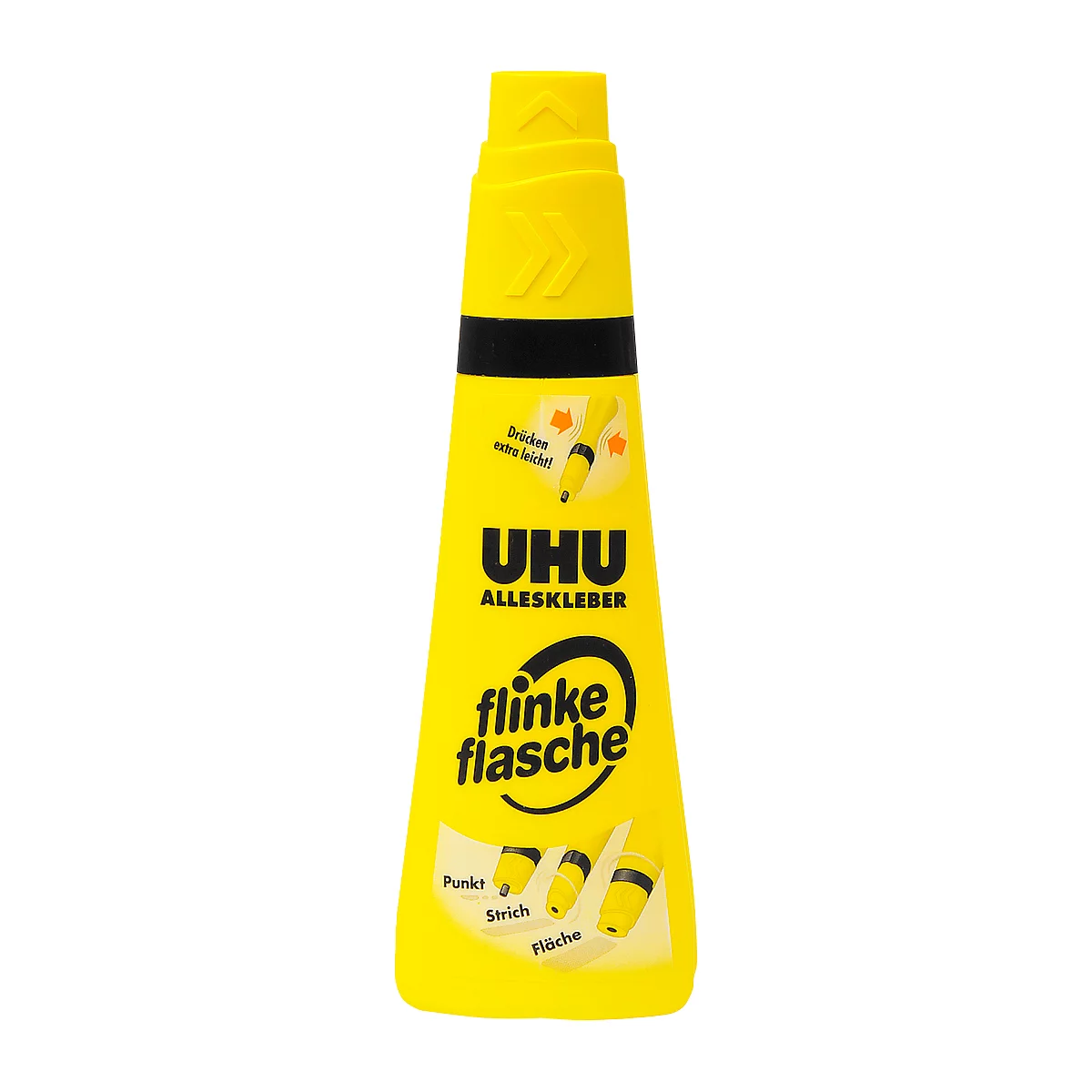 Yellow UHU all-purpose glue bottle. Inscription: 'flinke Flasche'. Different gluing techniques shown: point, line, surface.