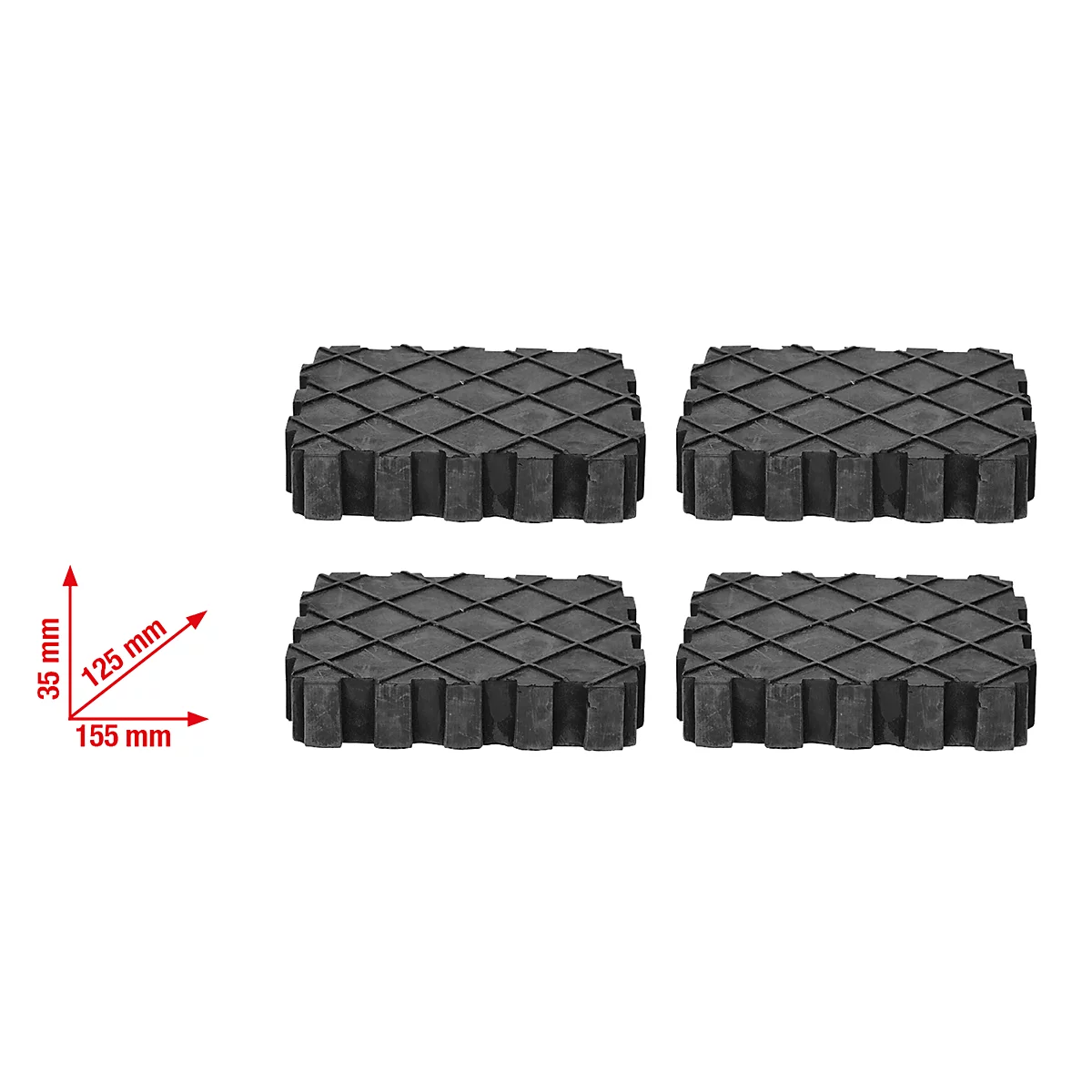 Vier rechteckige, schwarze Gummipads mit Rautenmuster. Maße in Rot: 35x125x155 mm.