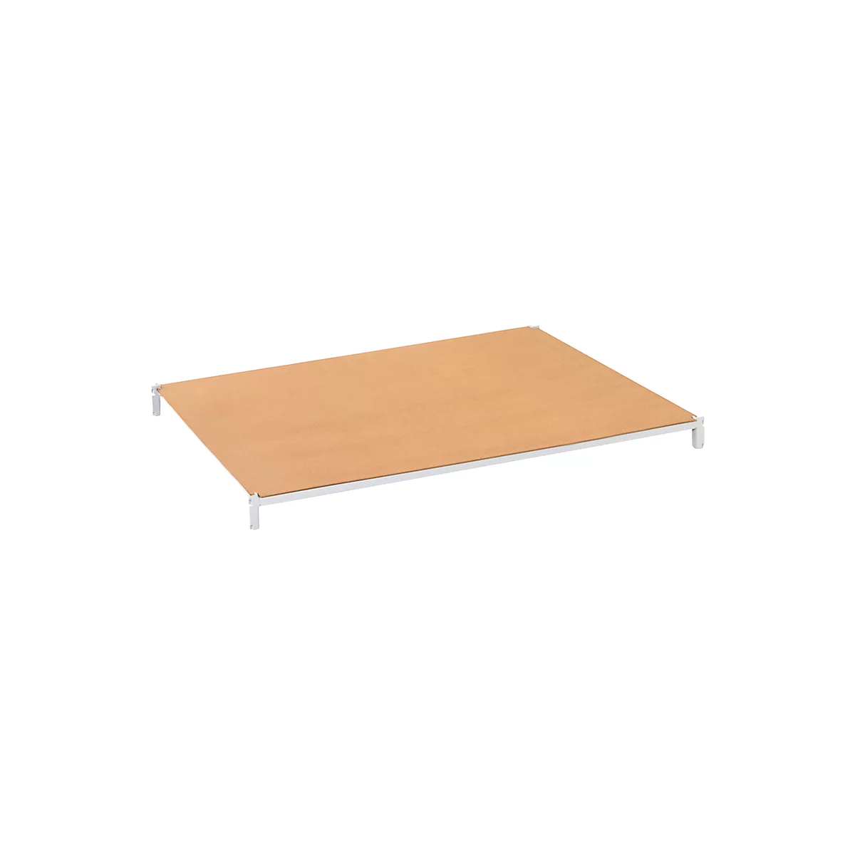 A rectangular, beige table on four white legs. The tabletop is made of wood or similar material.