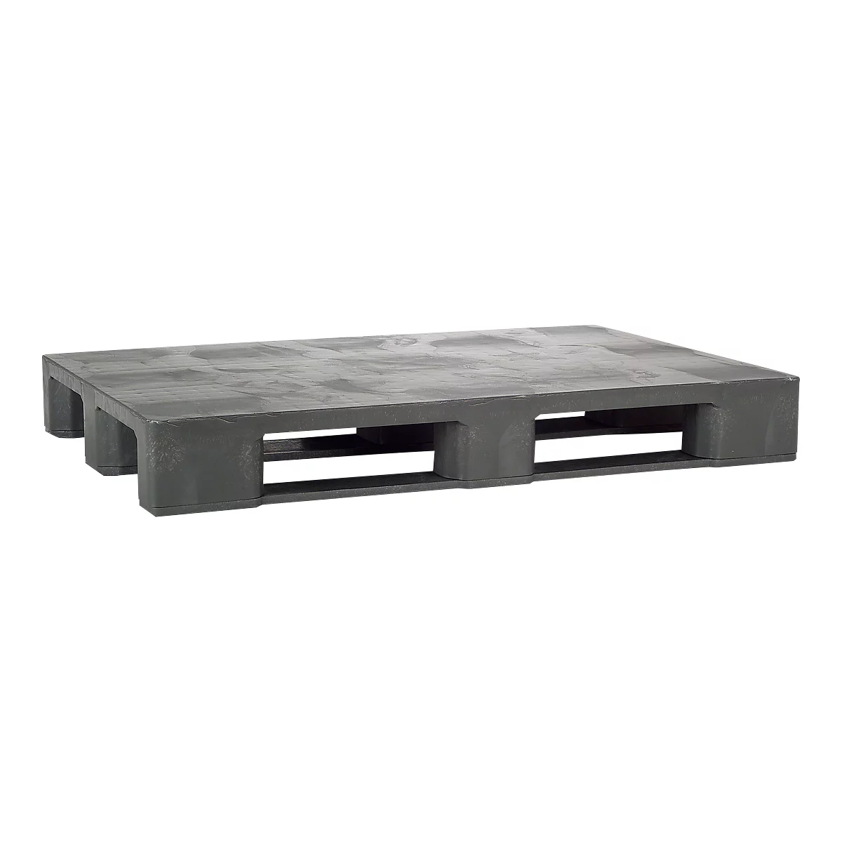 Gray, rectangular pallet made of plastic with several openings and feet.