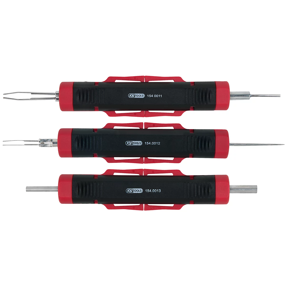 Drei schwarze Werkzeuge mit rotem Griff und silbernen Spitzen. Werkzeuge tragen die Aufschrift "KS TOOLS" und eine Nummer.