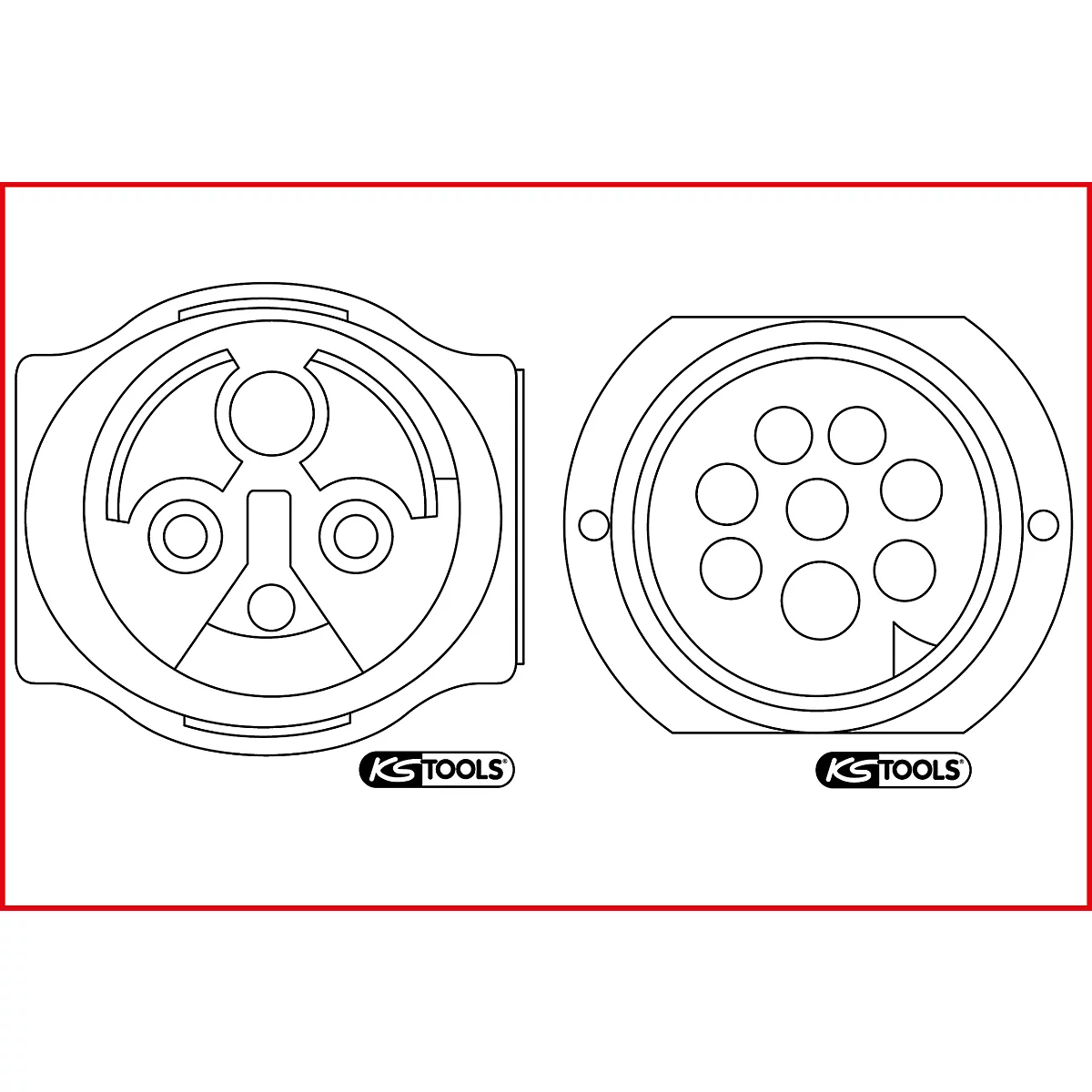 Zwei elektrische Stecker, links mit drei und rechts mit sieben Löchern, in Schwarzweiß auf rotem Hintergrund.