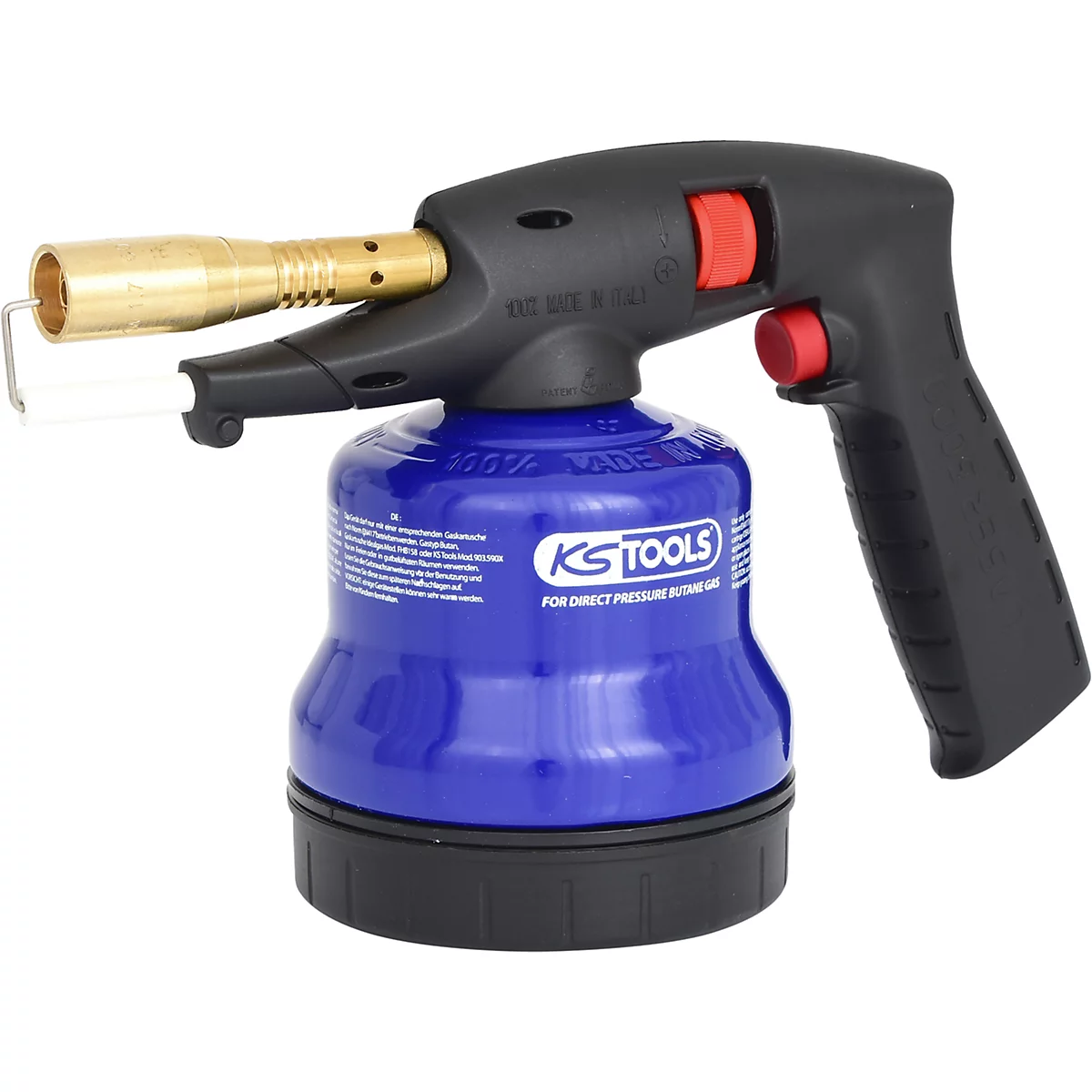 Eine blaue Gasflasche mit schwarzem Brenner und rotem Auslöser, gebrandet mit 'KS TOOLS'.