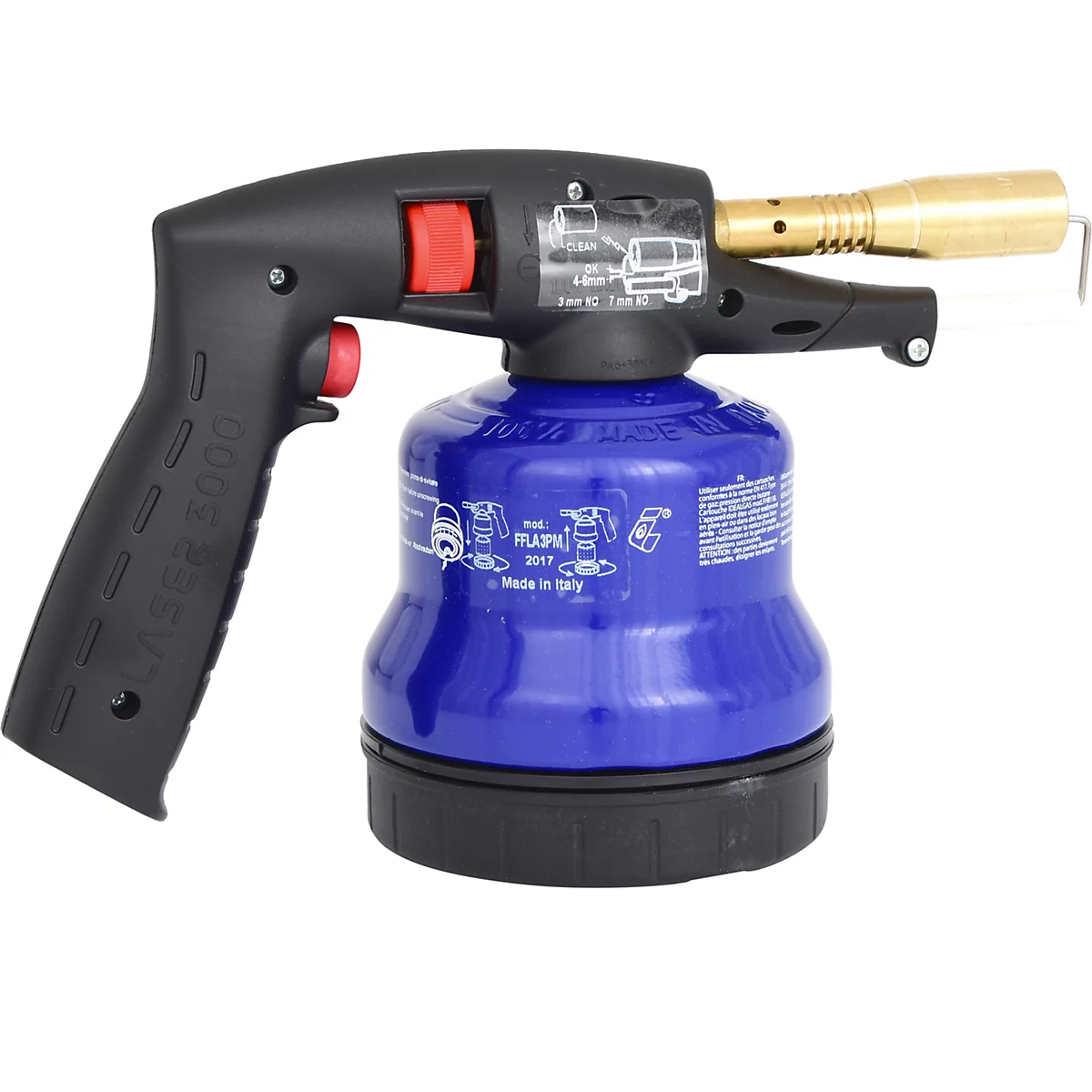 Gasbrenner, schwarz und blau, mit rotem Knopf. Goldfarbener Brennerkopf. Aufschrift 'LASER 3000'.