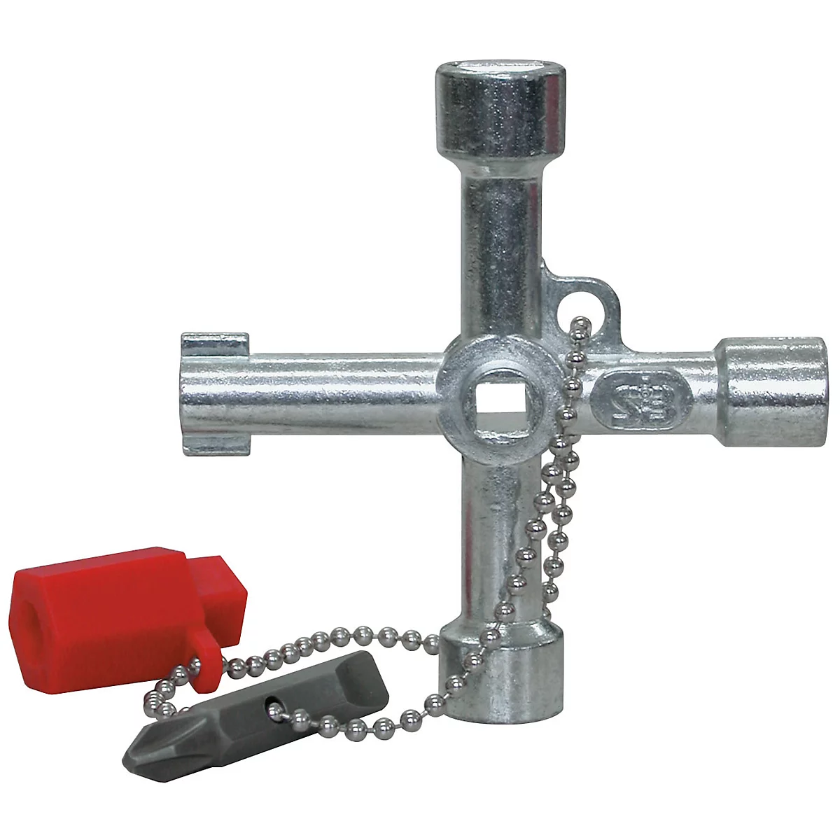A silver multi-purpose key with a red cap and grey bit on a chain.