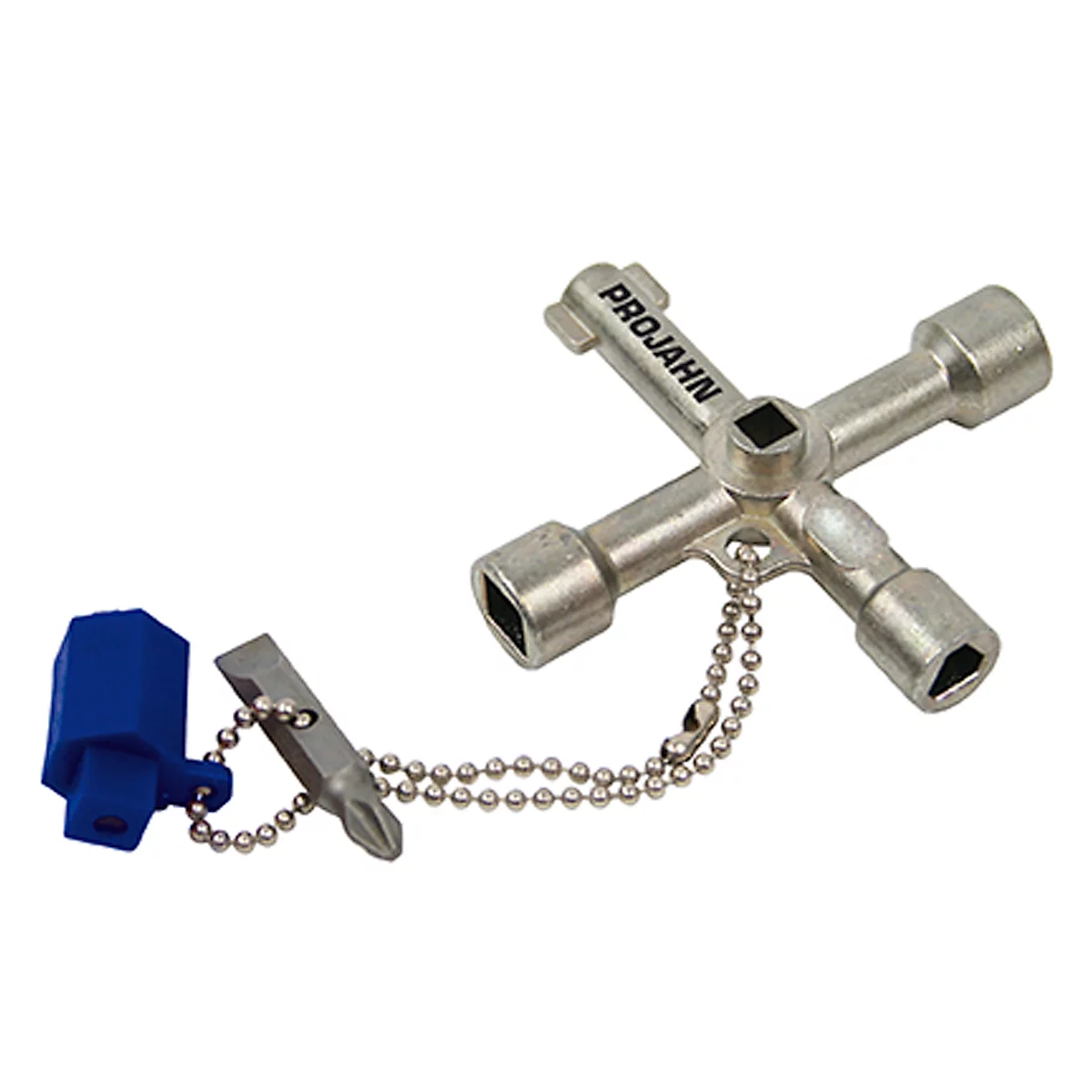 Metal cross key with chain and blue plastic part. One arm says PROJAHN.