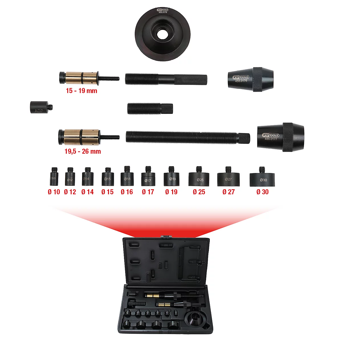 Werkzeugkoffer mit verschiedenen Werkzeugen zur Fahrzeugreparatur, wie Ausdrückern. Aufschriften: 15-19 mm, 19,5-26 mm, Ø10-30.