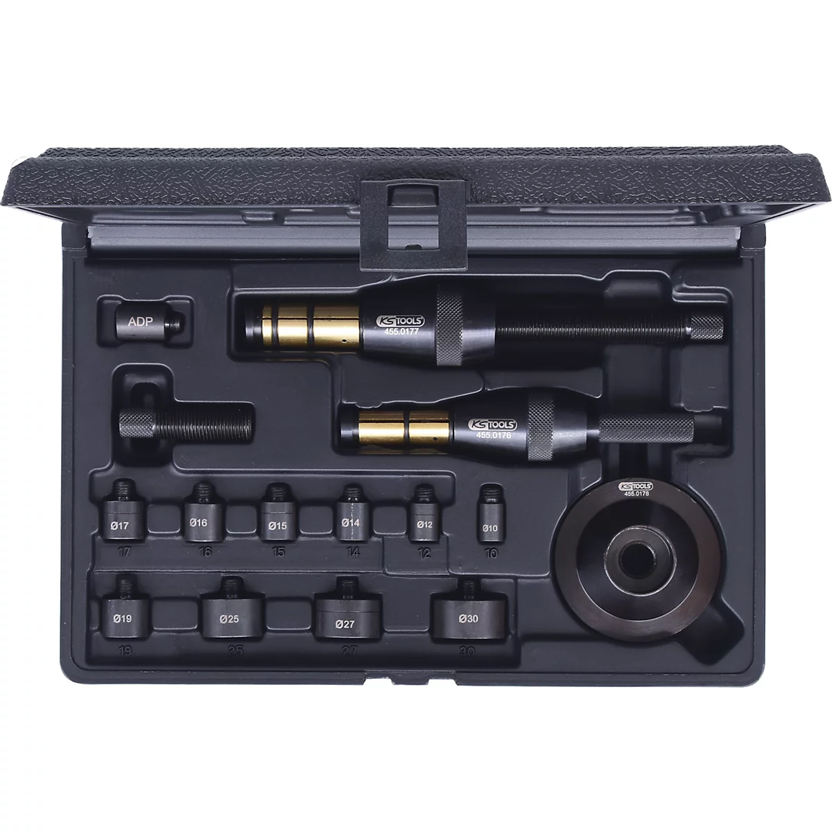 Werkzeugkoffer mit verschiedenen Werkzeugen für Reparaturen. Schwarze Elemente, goldfarbene Akzente, Beschriftungen.