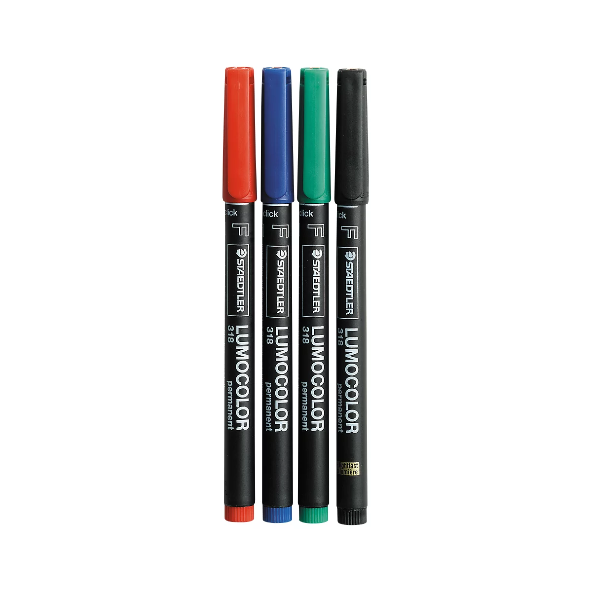 Four colored pens by Staedtler. Red, blue, green, and black. Inscription: Lumocolor permanent.