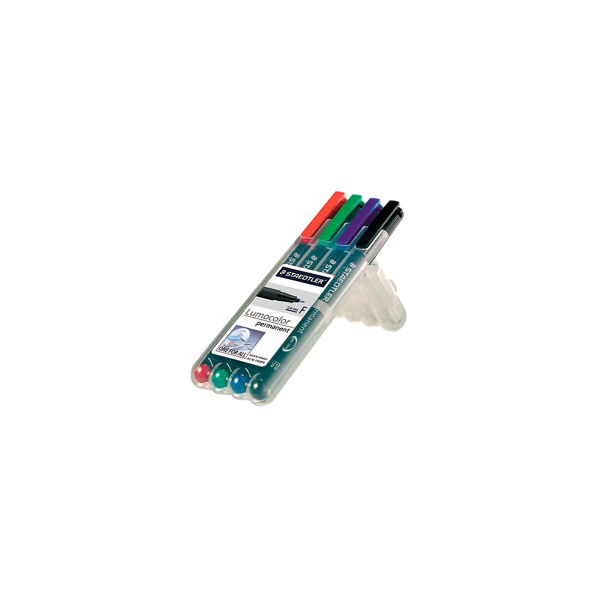 Five different colored felt-tip pens in a transparent package. Inscription: Staedtler Lumocolor permanent.