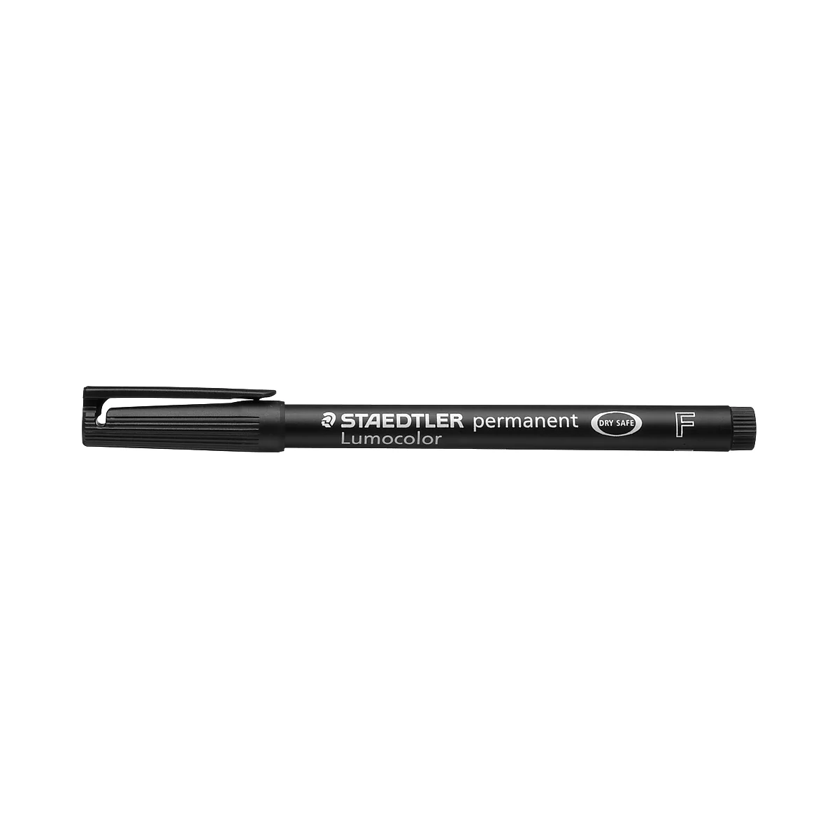 A black STAEDTLER Lumocolor permanent marker. The pen is horizontally aligned and shows lettering.