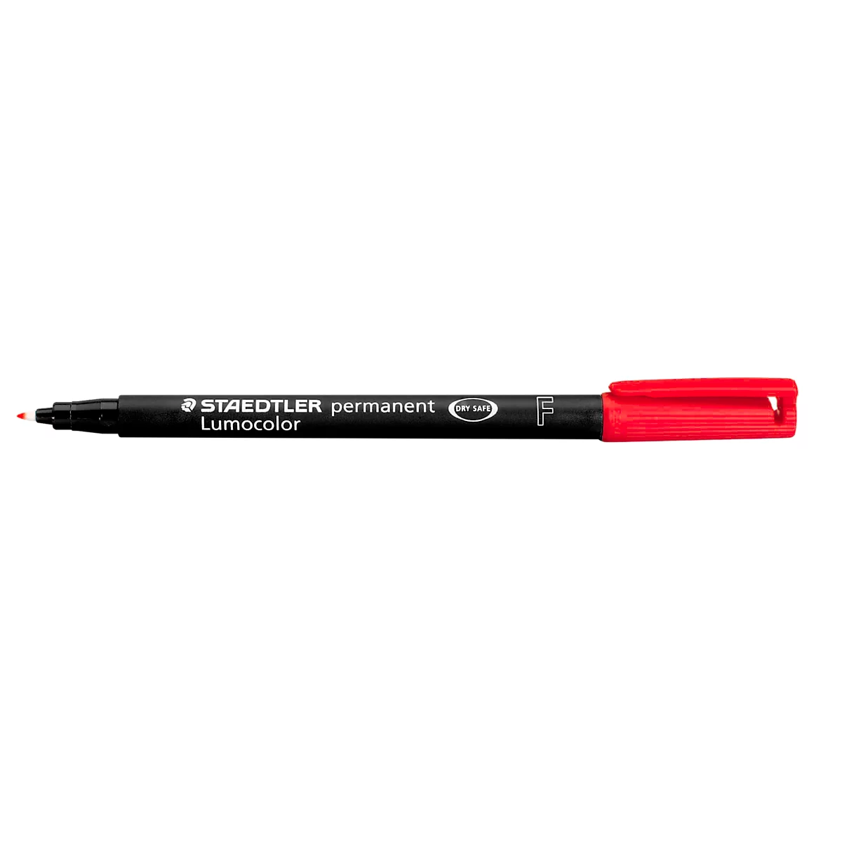 A red Staedtler permanent marker. The pen has a black casing and a red cap. "STAEDTLER permanent Lumocolor" is written on the casing.