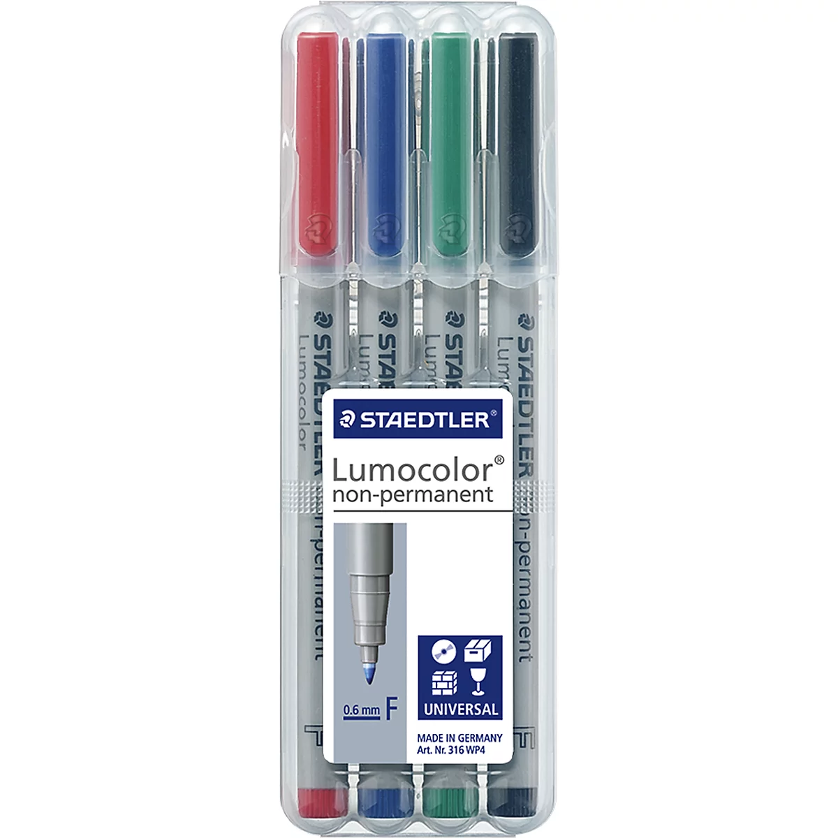 Four Lumocolor markers in a transparent plastic case. The pens are red, blue, green and black.