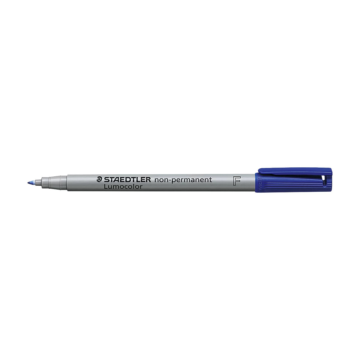 A blue Staedtler non-permanent marker. The pen body is grey, with black lettering. The cap is blue.