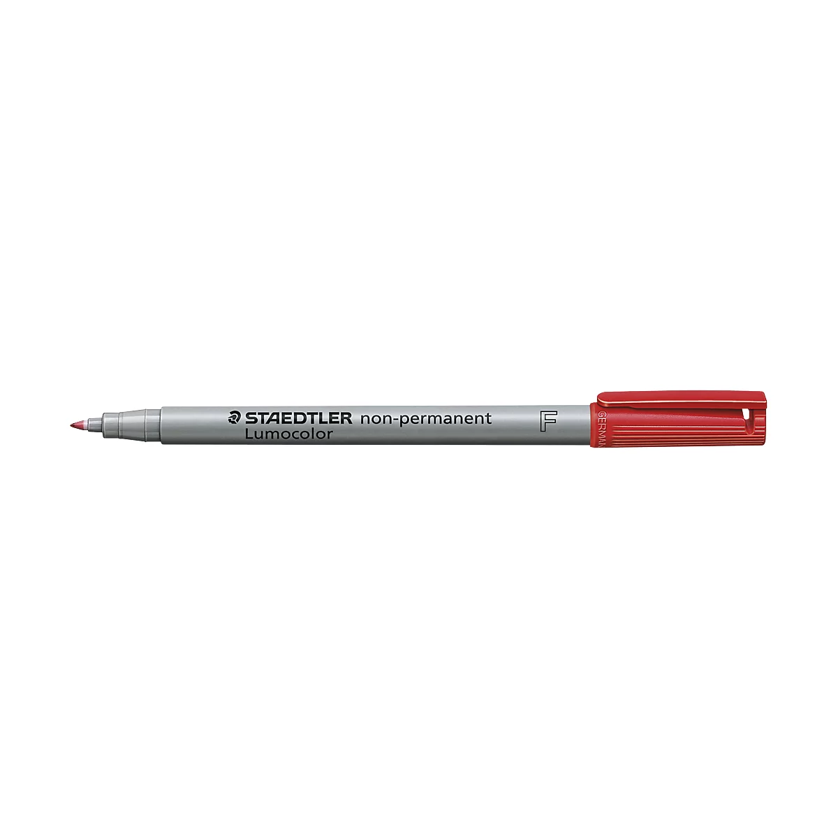 Red text marker. Gray shaft with the inscription "STAEDTLER non-permanent Lumocolor". Red tip and cap.